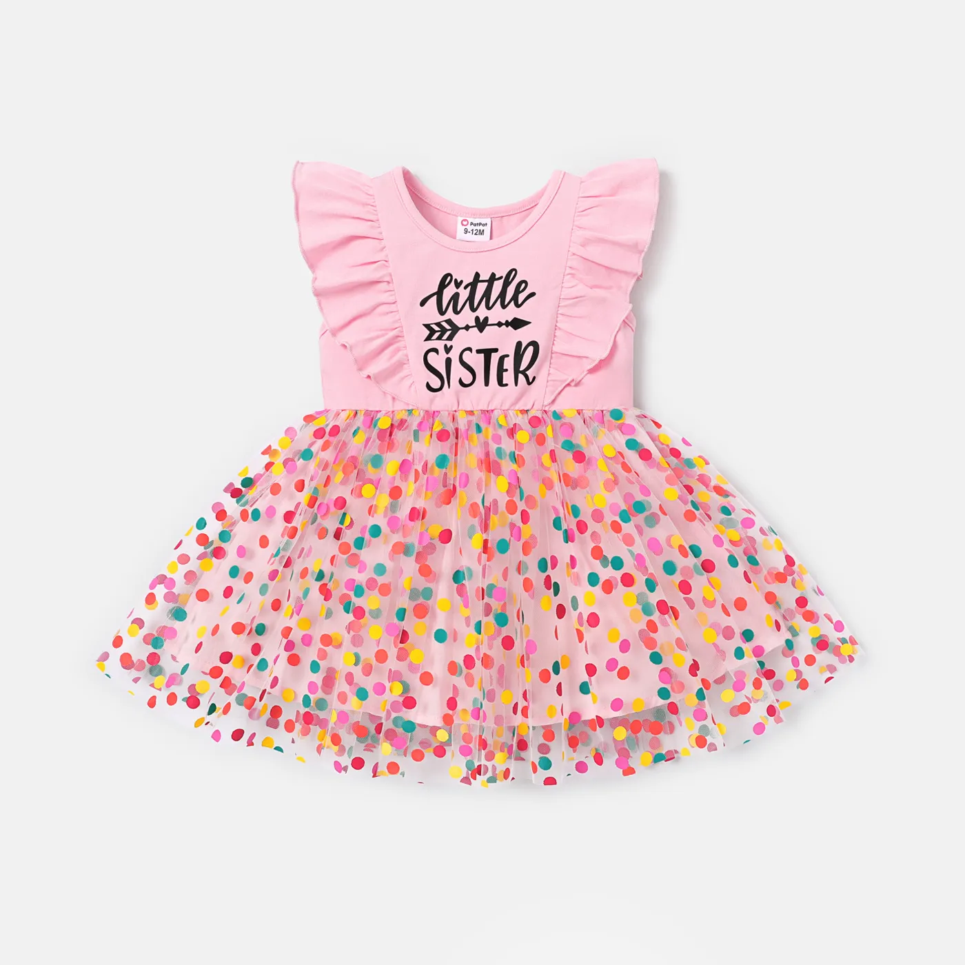 Baby Girl Sleeveless Cotton Ruffled Letter Print Colorful Dots Mesh Fairy Dress Pink big image 1