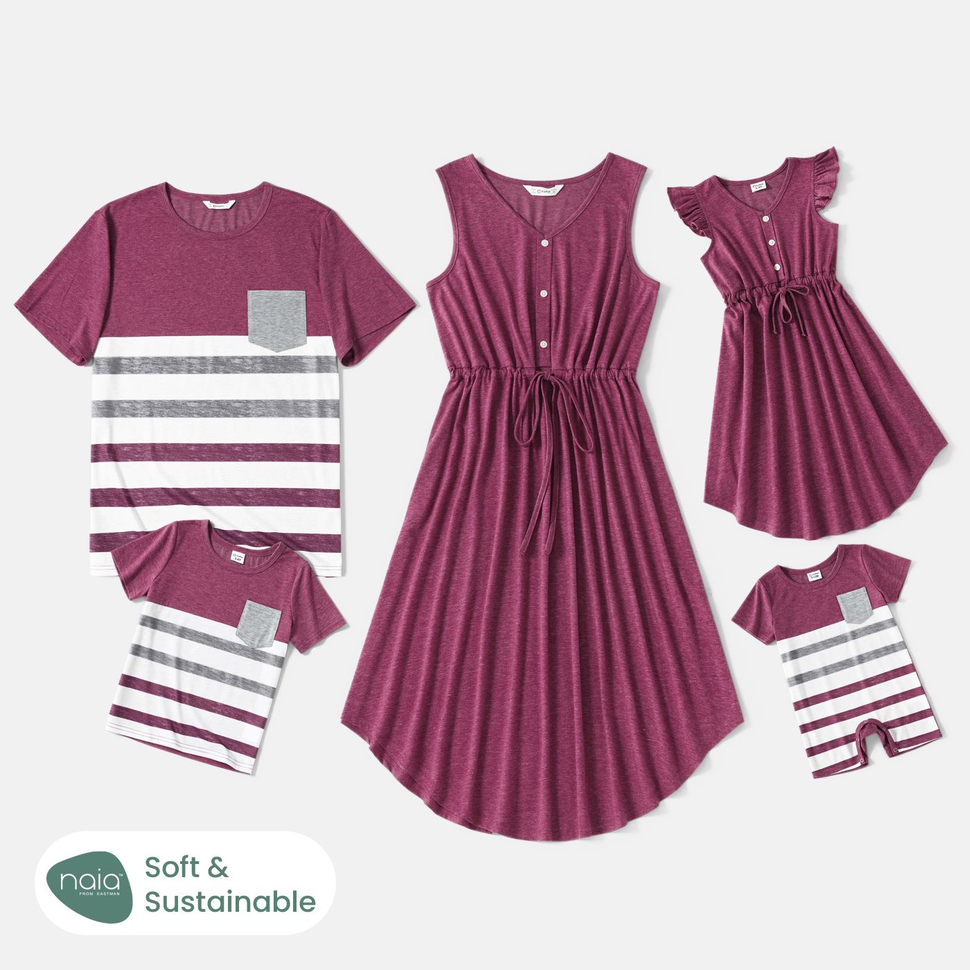 Family Matching Solid Drawstring Tank Dresses And Short-sleeve Striped Naiaâ¢ T-shirts Sets