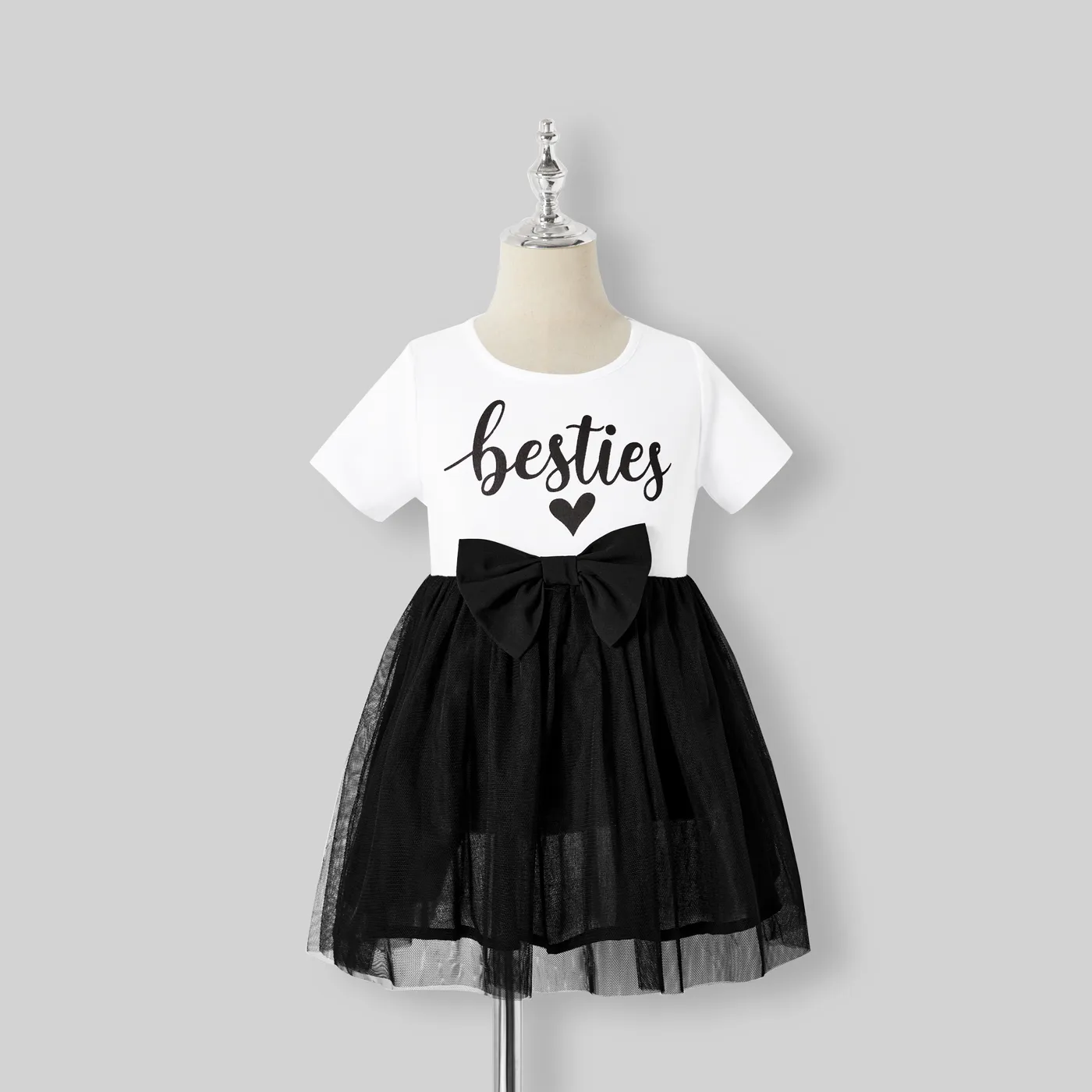Mommy And Me Cotton Short-sleeve Letter Print Spliced Belted Mesh Dresses