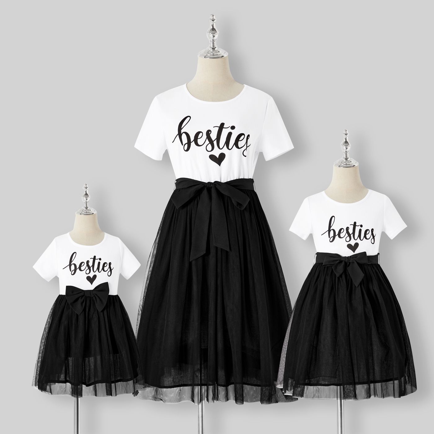 Mommy And Me Cotton Short-sleeve Letter Print Spliced Belted Mesh Dresses