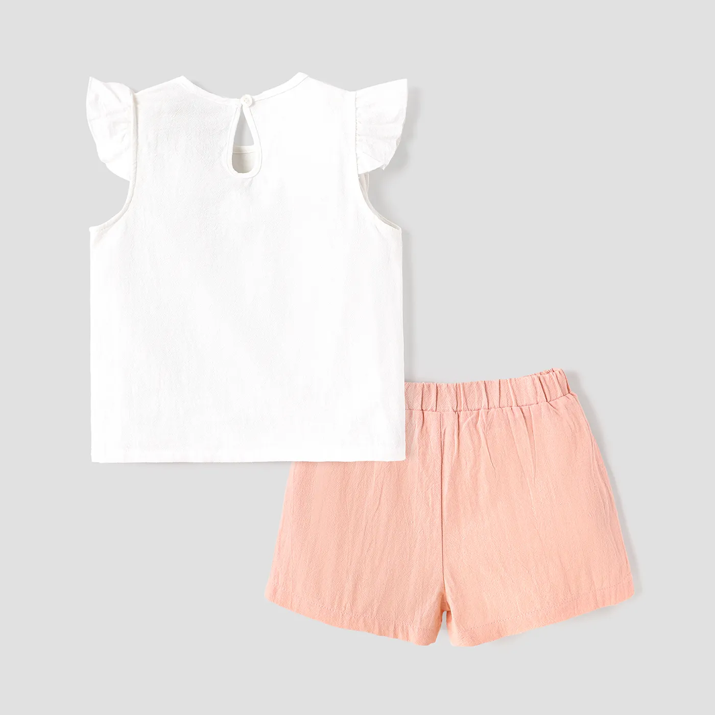 2pcs Toddler Girl 100% Cotton Butterfly Embroidered Ruffled Sleeveless Tee and Belted Shorts Set  image 2