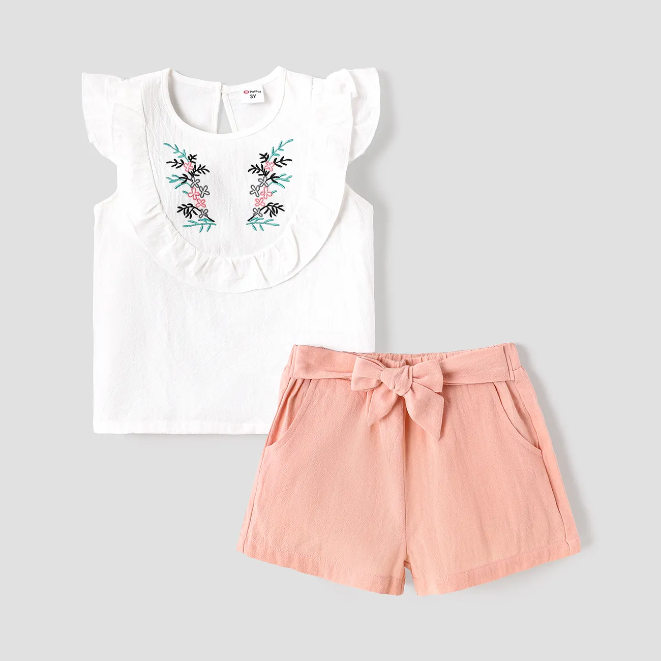 2pcs Toddler Girl 100% Cotton Butterfly Embroidered Ruffled Sleeveless Tee and Belted Shorts Set  big image 1