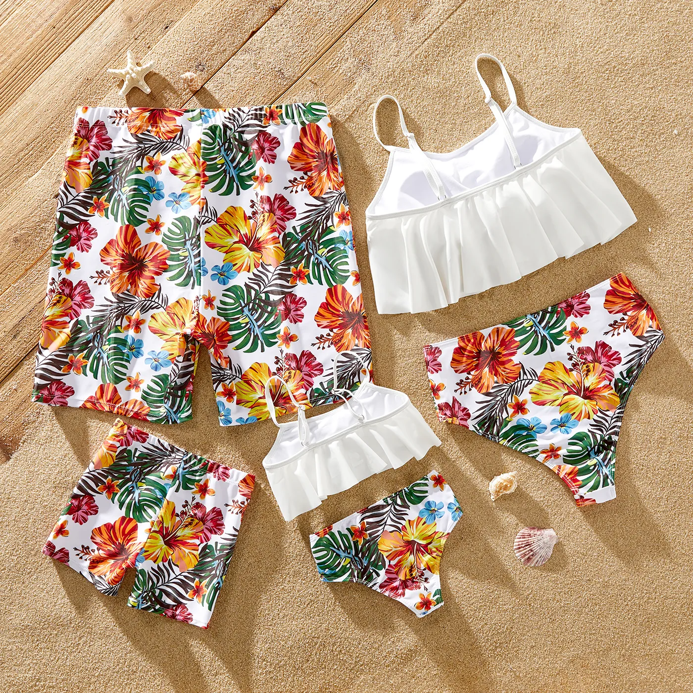 Family Matching Allover Tropical Plant Print Strappy Two-piece Swimsuit and Swim Trunks Shorts White image 3