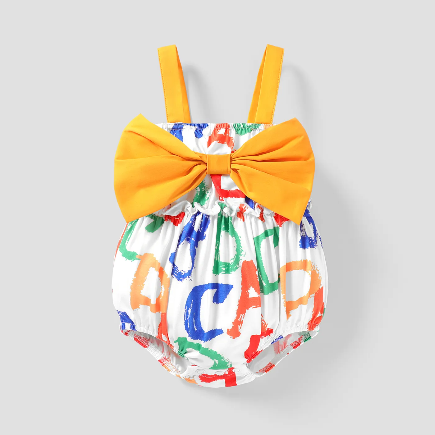 Naia™ Baby Girl Allover Colorful Letter Print Bow Front Sleeveless Romper Yellow image 3