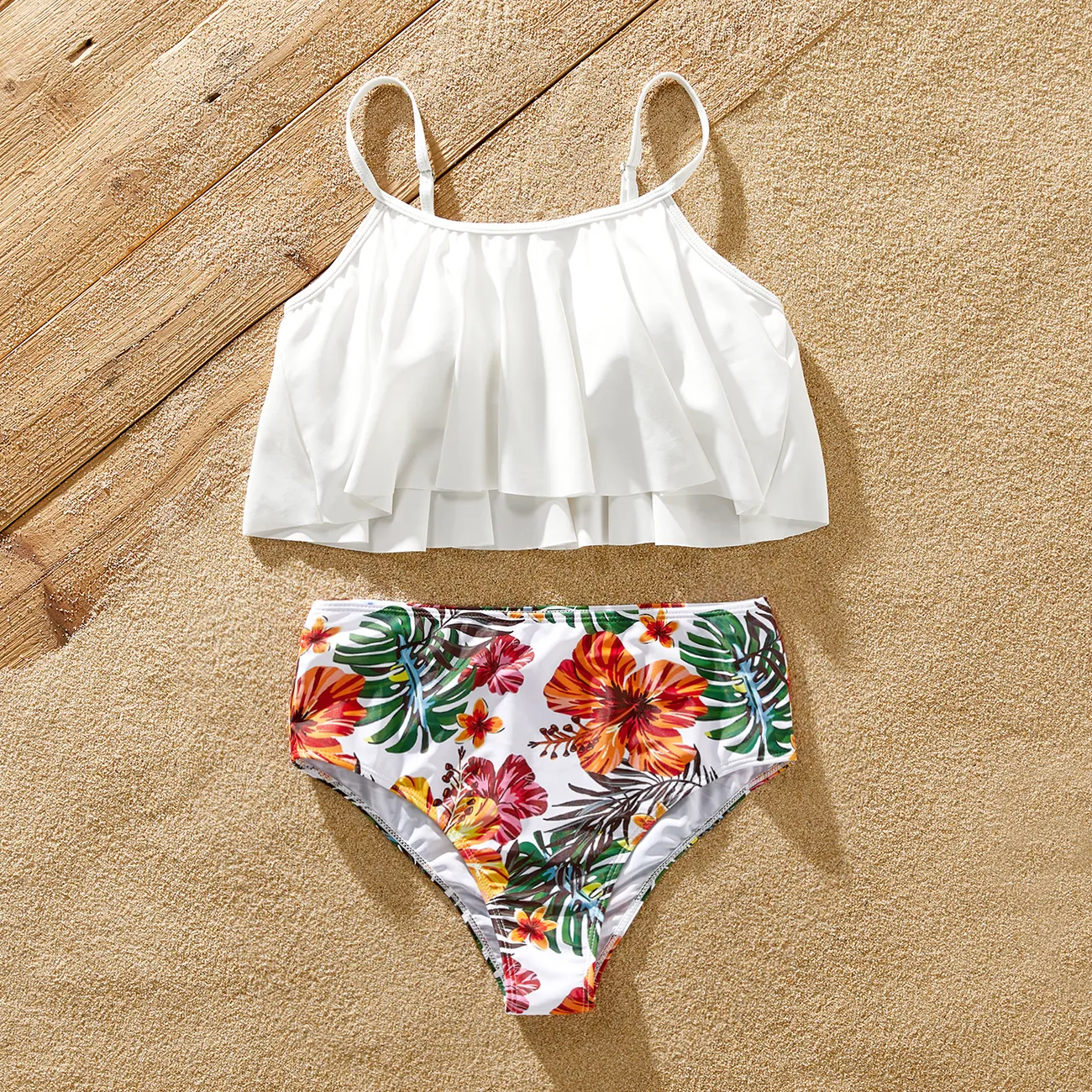 Family Matching Allover Tropical Plant Print Strappy Two-piece Swimsuit and Swim Trunks Shorts White big image 1