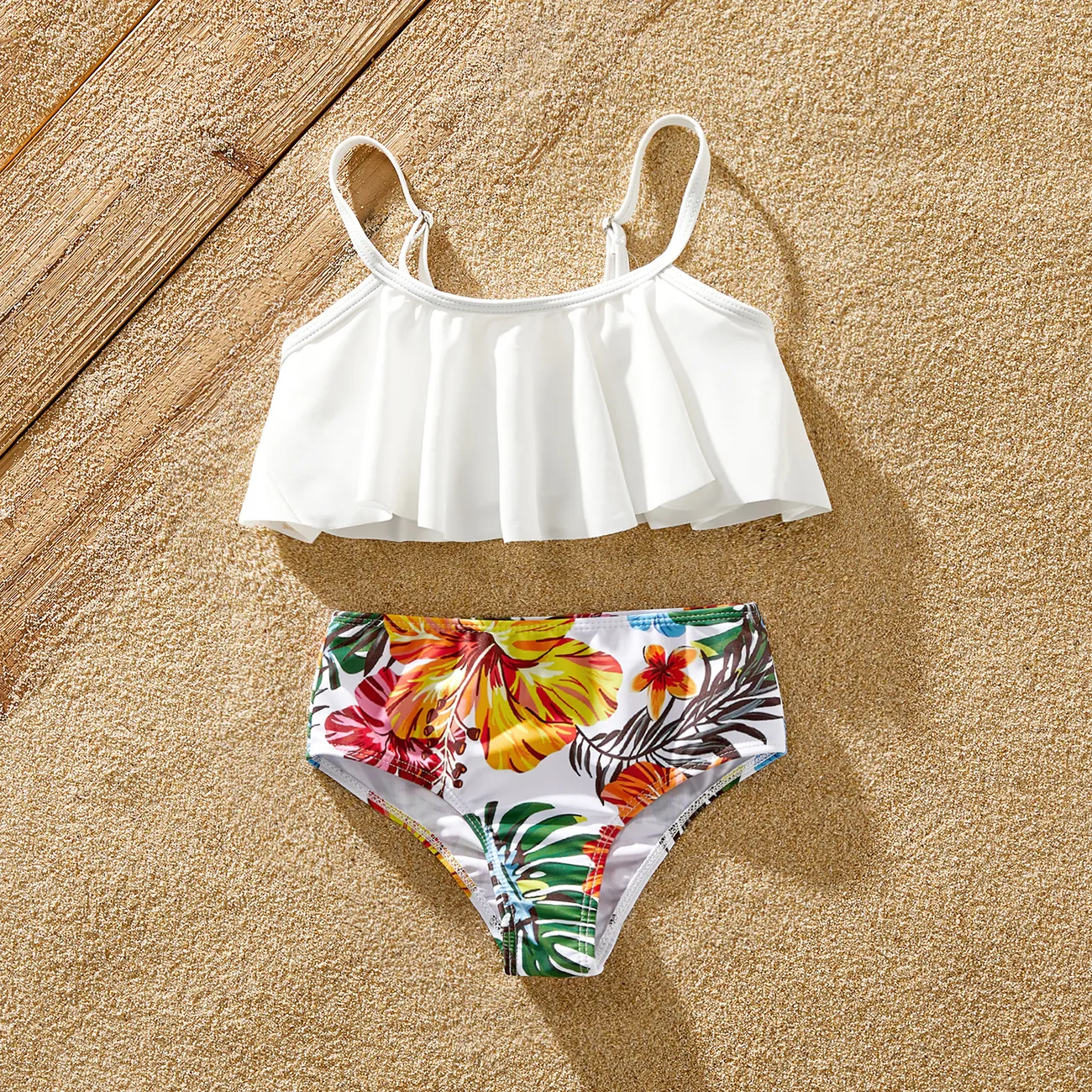 Family Matching Allover Tropical Plant Print Strappy Two-piece Swimsuit and Swim Trunks Shorts White big image 1