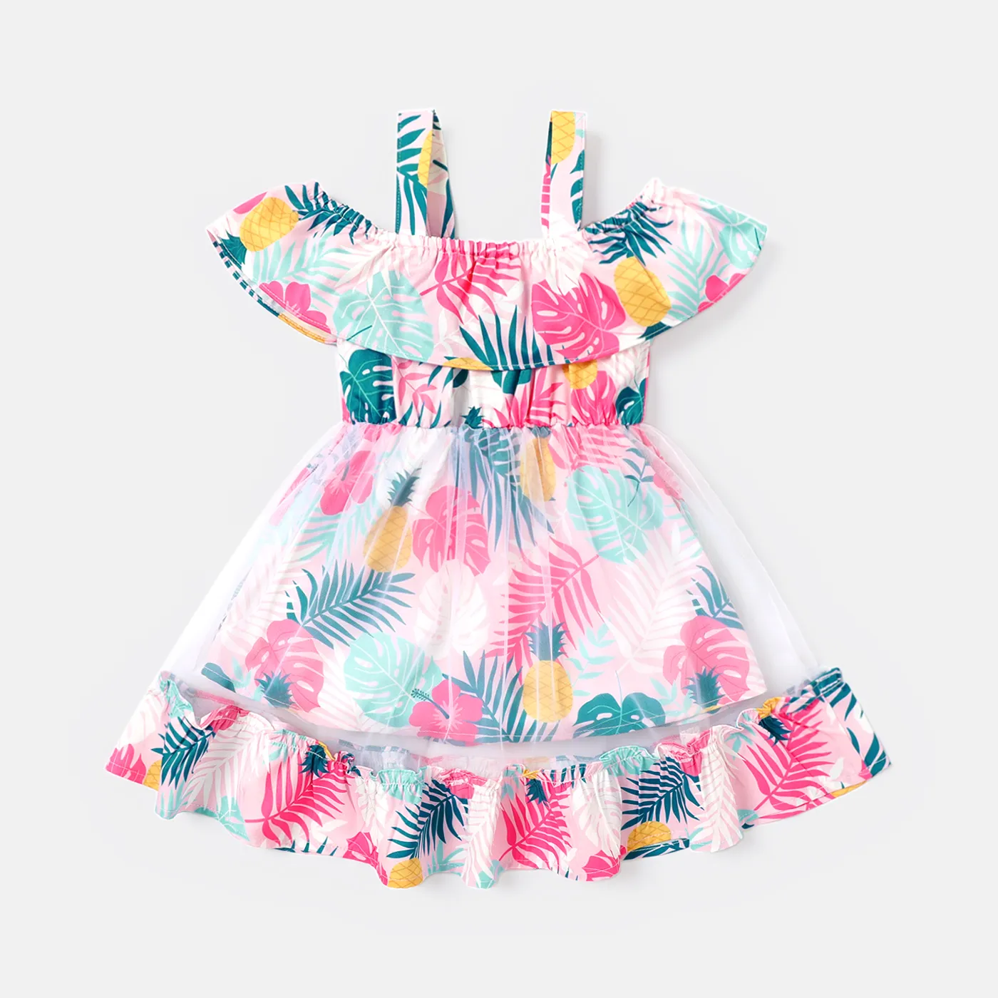 Baby Girl Allover Plant Print Cold Shoulder Sleeveless Ruffled Mesh Dress Pink big image 1