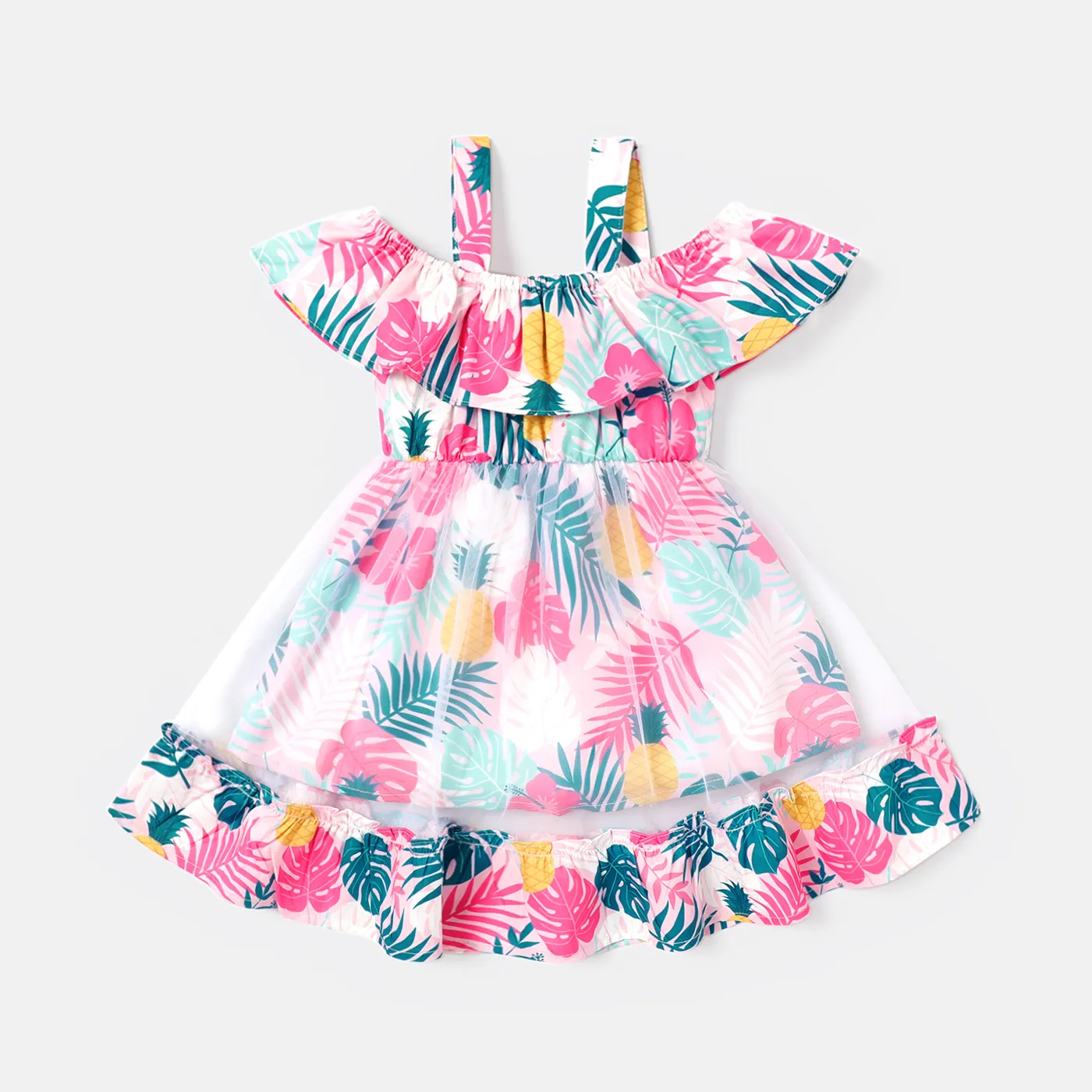 Baby Girl Allover Plant Print Cold Shoulder Sleeveless Ruffled Mesh Dress Pink image 2