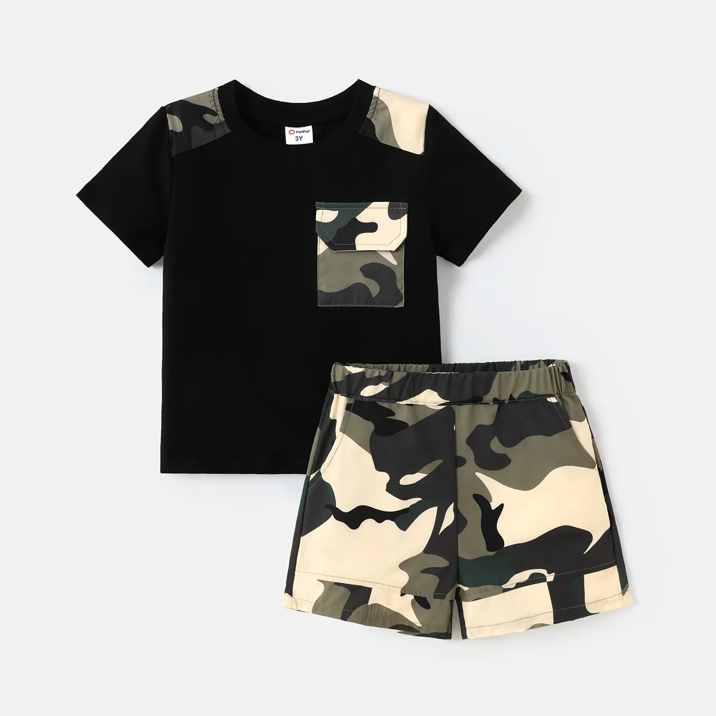 2pcs Toddler Boy Pocket Design Short-sleeve Tee and Camouflage Print Shorts Set Black