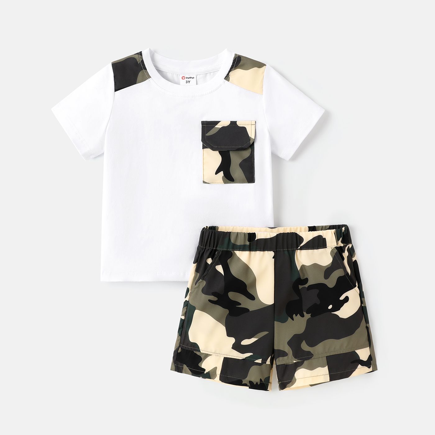 2pcs Toddler Boy Pocket Design Short-sleeve Tee And Camouflage Print Shorts Set