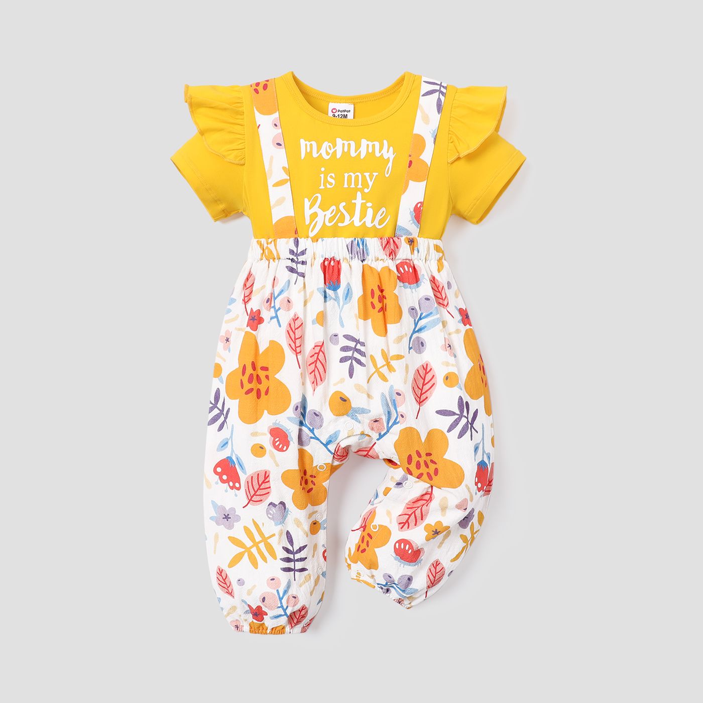 

Baby Girl Cotton Letter Print Flutter-sleeve Faux-two Floral Print Jumpsuit