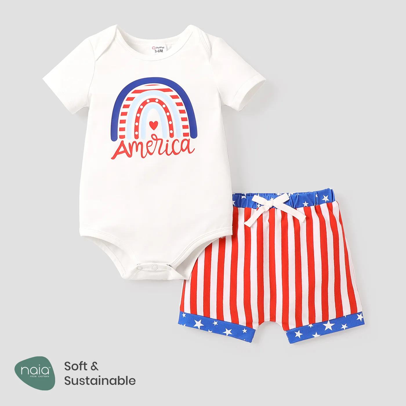 Independence Day 2pcs Baby Boy Cotton Short-sleeve Graphic Romper And Striped Shorts Set