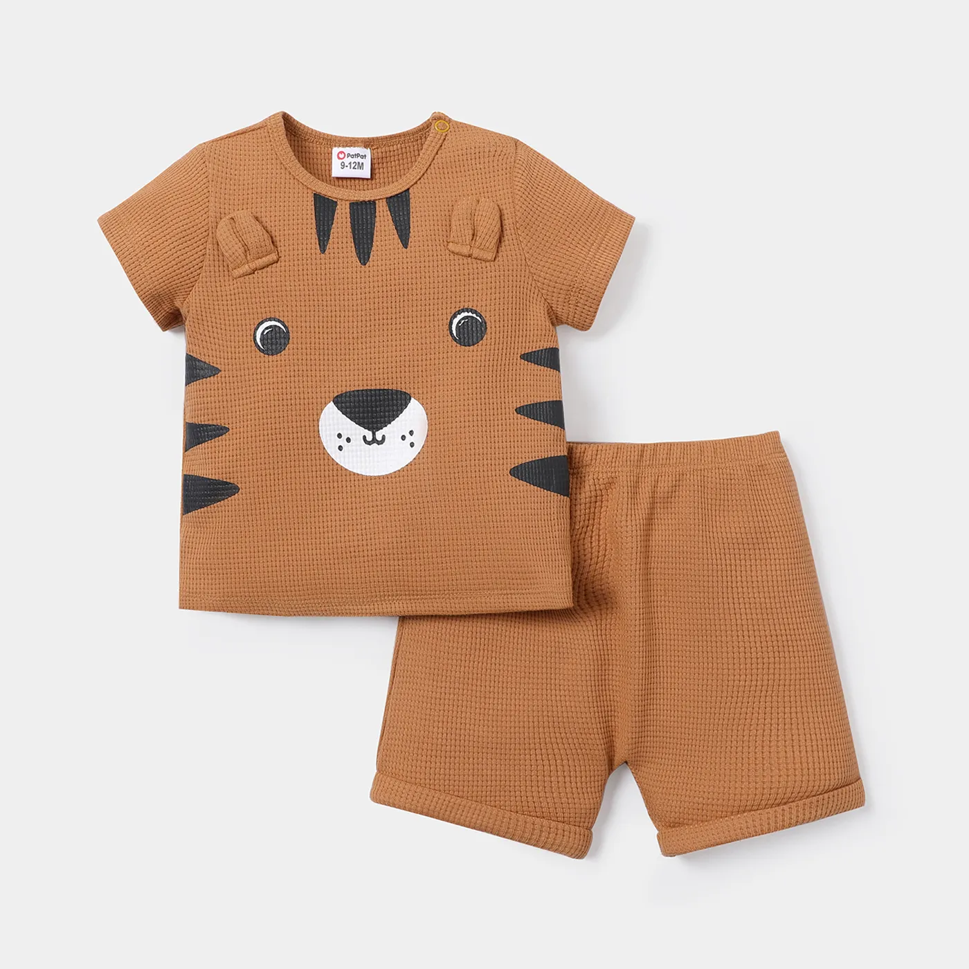 2pcs Baby Boy Animal Print 3D Ears Detail Short-sleeve Tee & Shorts Set Khaki big image 1