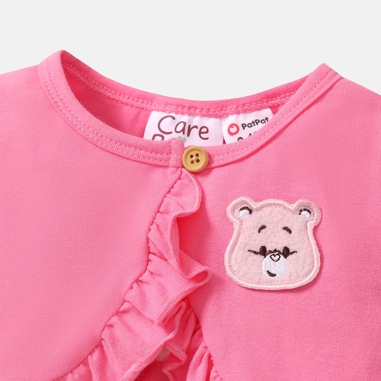 Care bears 2pcs bebé / niña pequeña de algodón de manga larga con volantes y conjunto de vestido sin mangas con estampado floral Rosado big image 1
