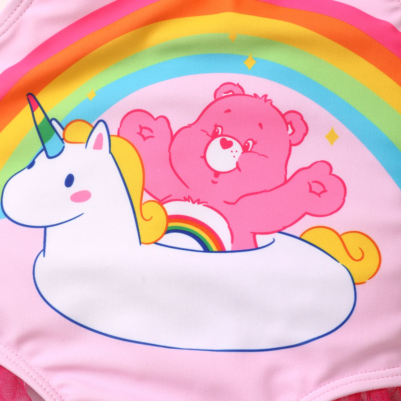 Care Bears Baby Girl 2pcs Bear Print Colorful Ruffle Trim One-piece Swimsuit & Cap Set  image 2