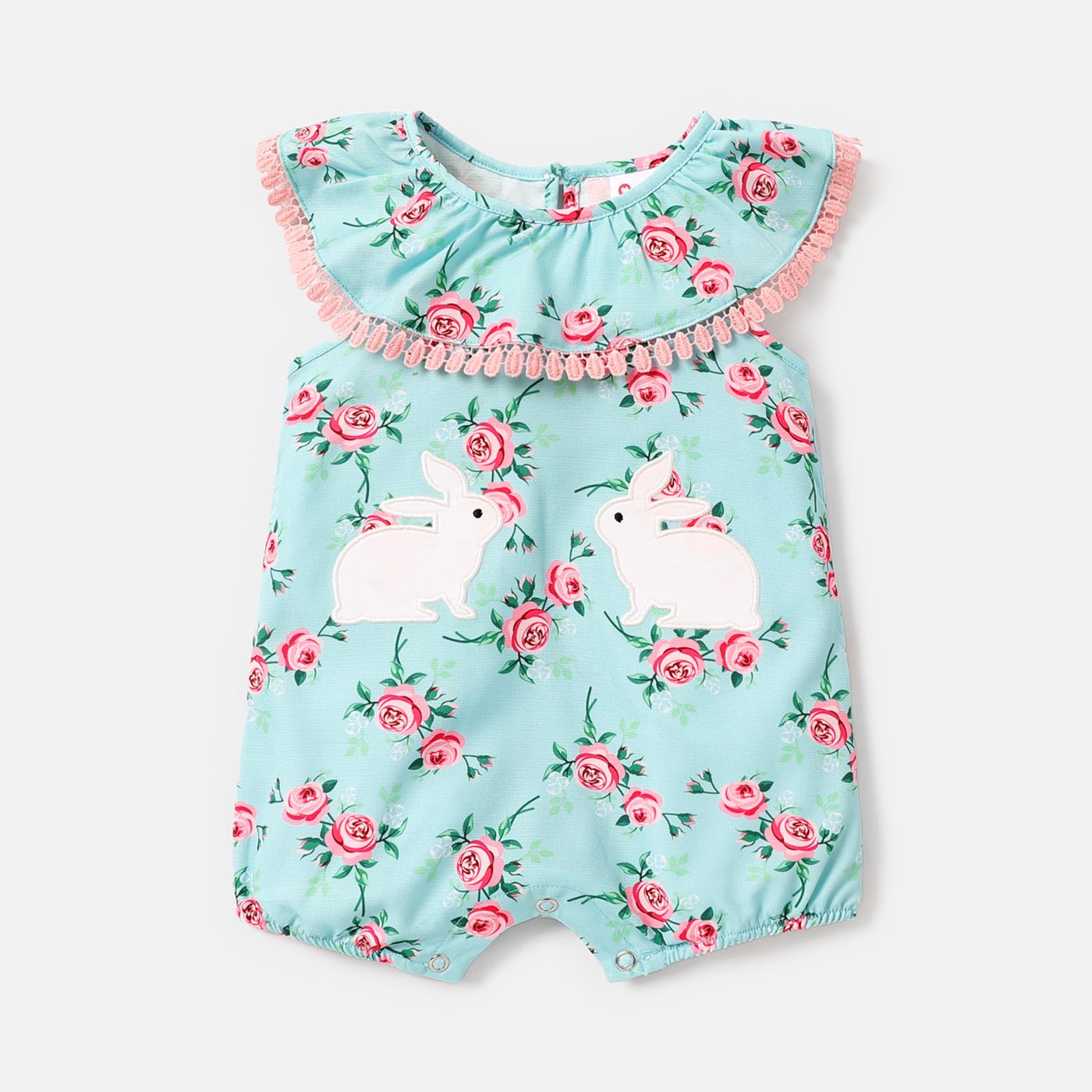 Baby Girl Rabbit Embroidered Allover Floral Print Ruffle Collar Sleeveless Romper