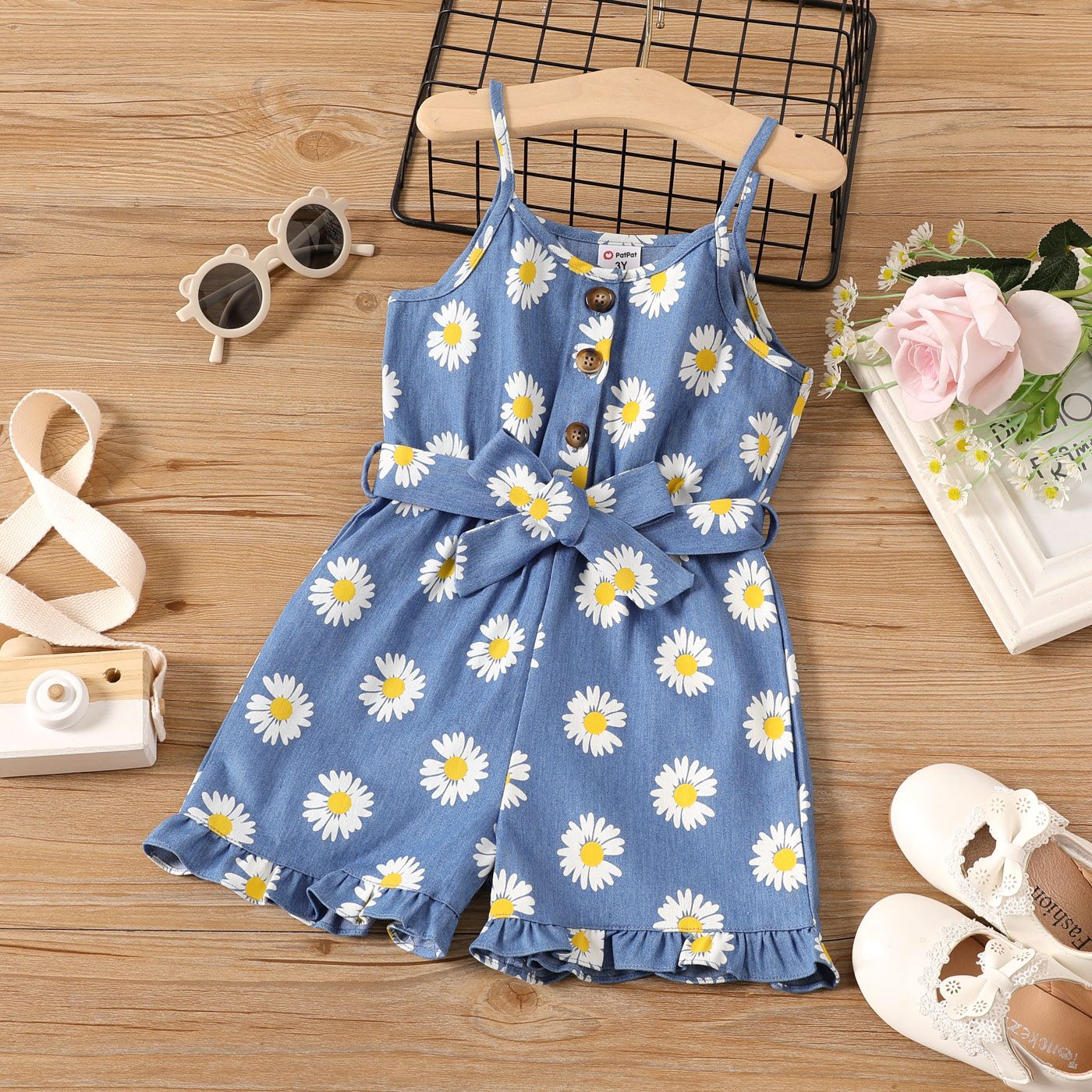 

Toddler Girl Floral Print Belted Button Design Denim Slip Rompers