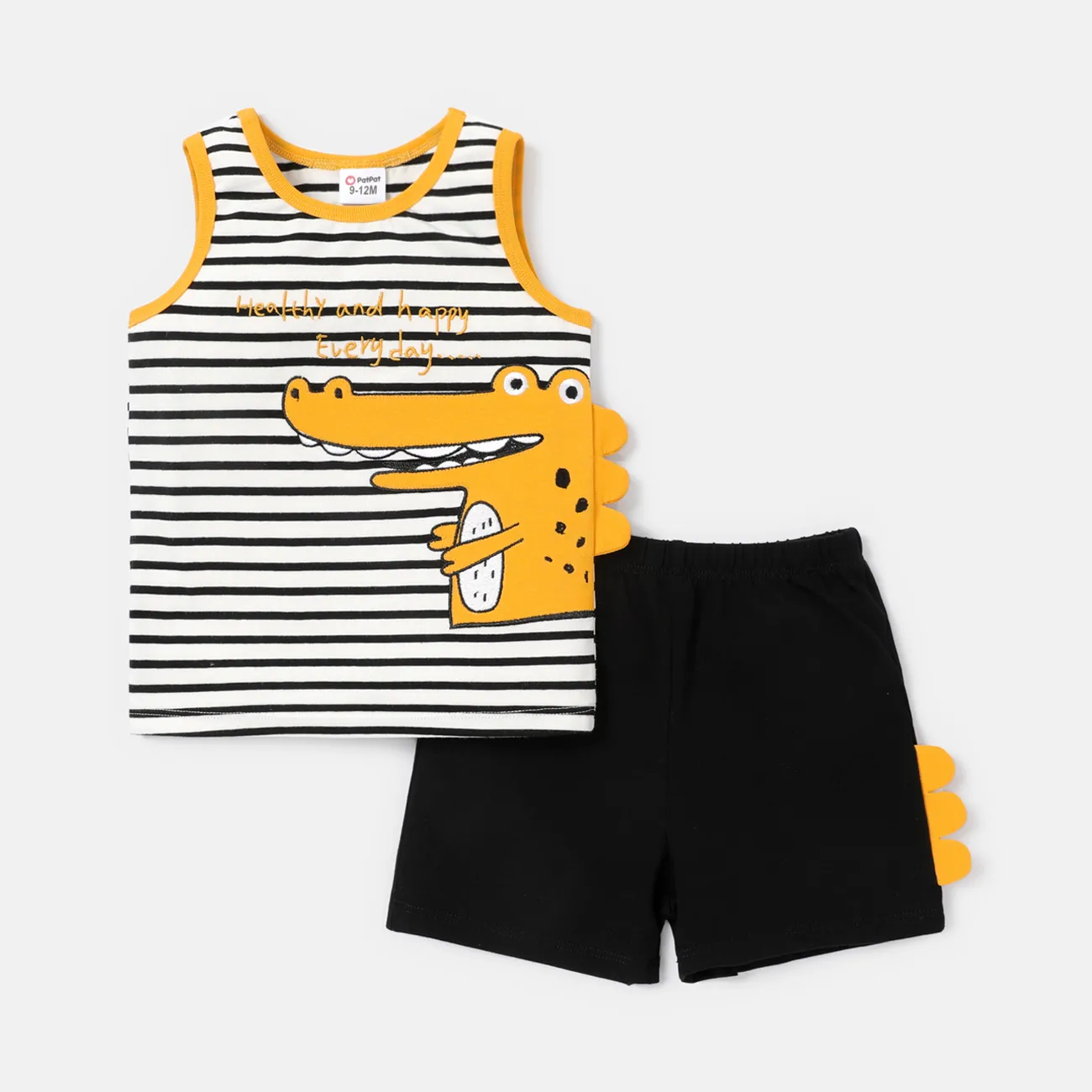 2pcs Baby Boy Cotton Striped Dinosaur Design Tank Top & Shorts Set ColorBlock big image 1