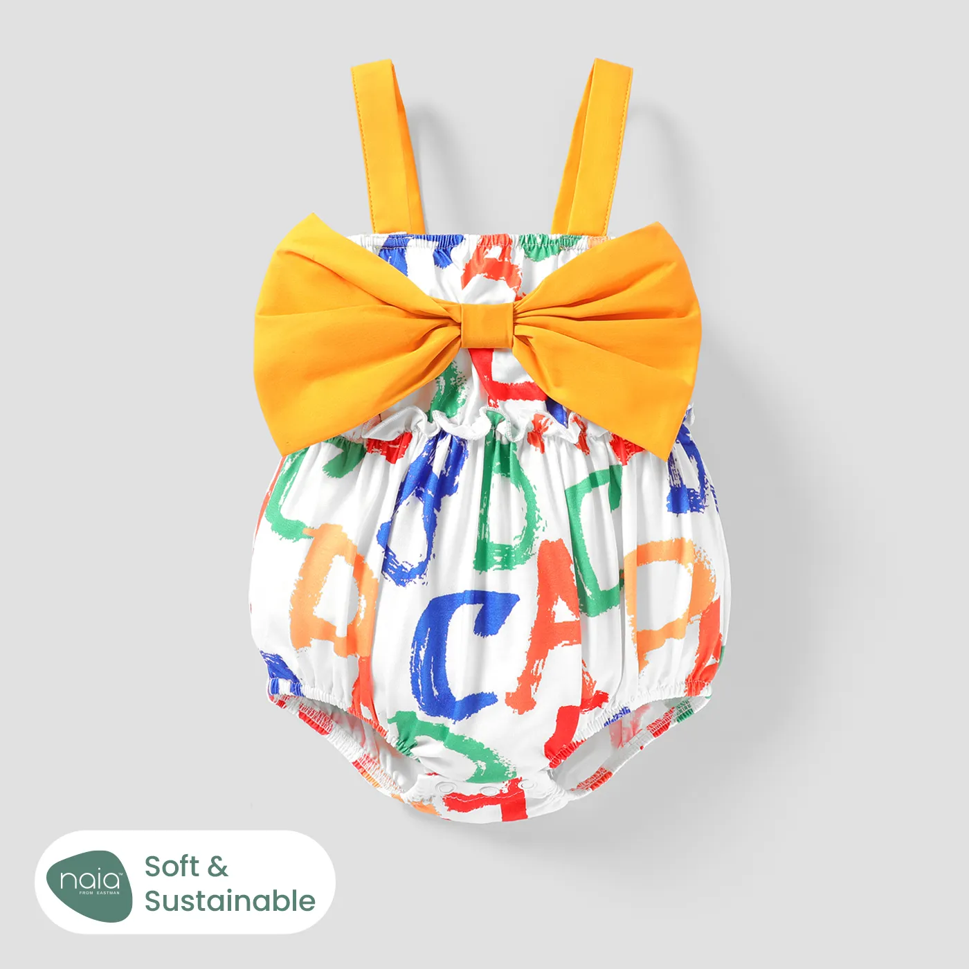 Naia™ Baby Girl Allover Colorful Letter Print Bow Front Sleeveless Romper Yellow big image 1