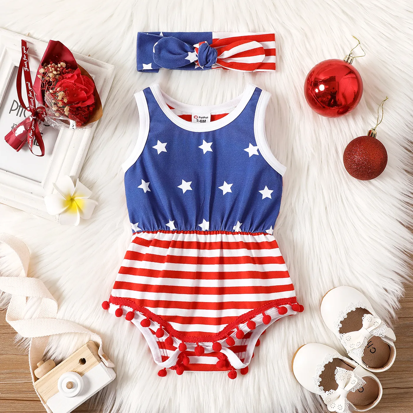 

Independence Day 2pcs Baby Girl Pom Poms Detail Graphic Spliced Tank Romper & Headband Set