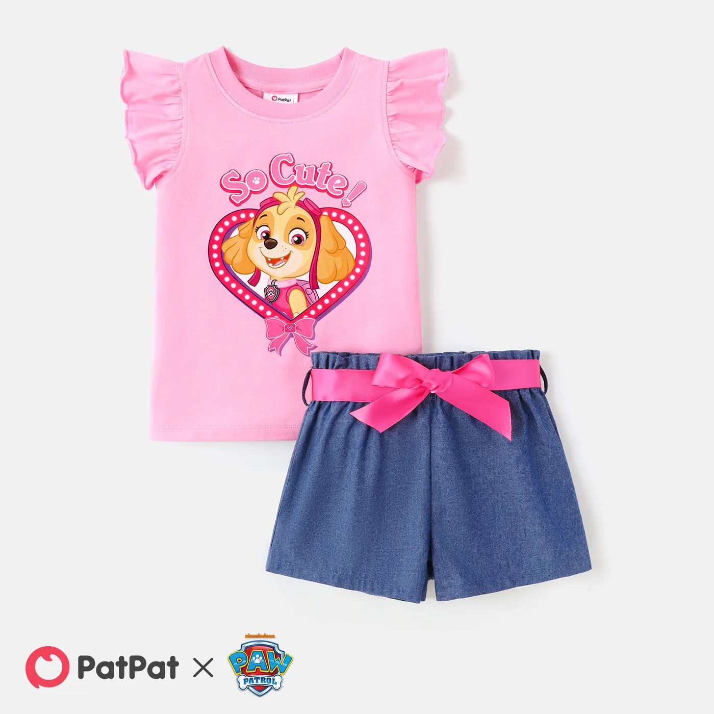 

PAW Patrol 2pcs Toddler Girl Character Print Flutter-sleeve Cotton Tee and Belted Denim Shorts Set