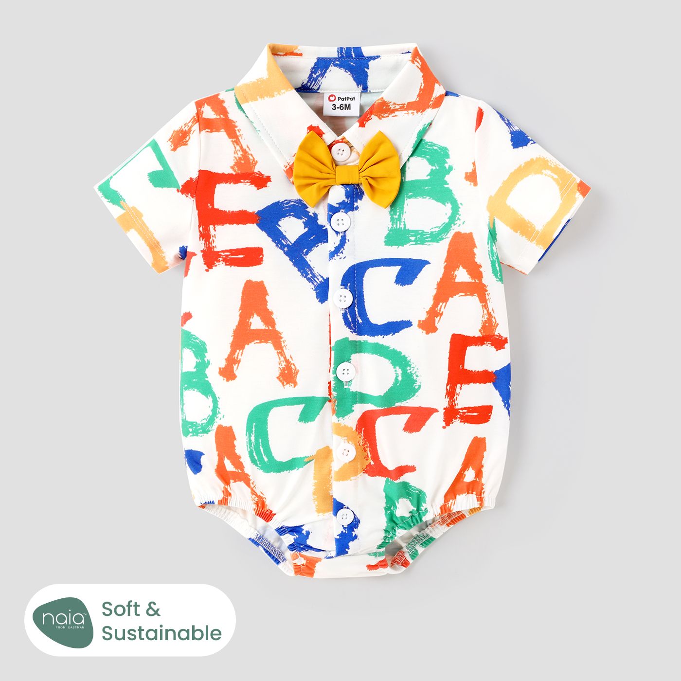 Naiaâ¢ Baby Boy Allover Colorful Letter Print Bow Tie Decor Short-sleeve Shirt Romper