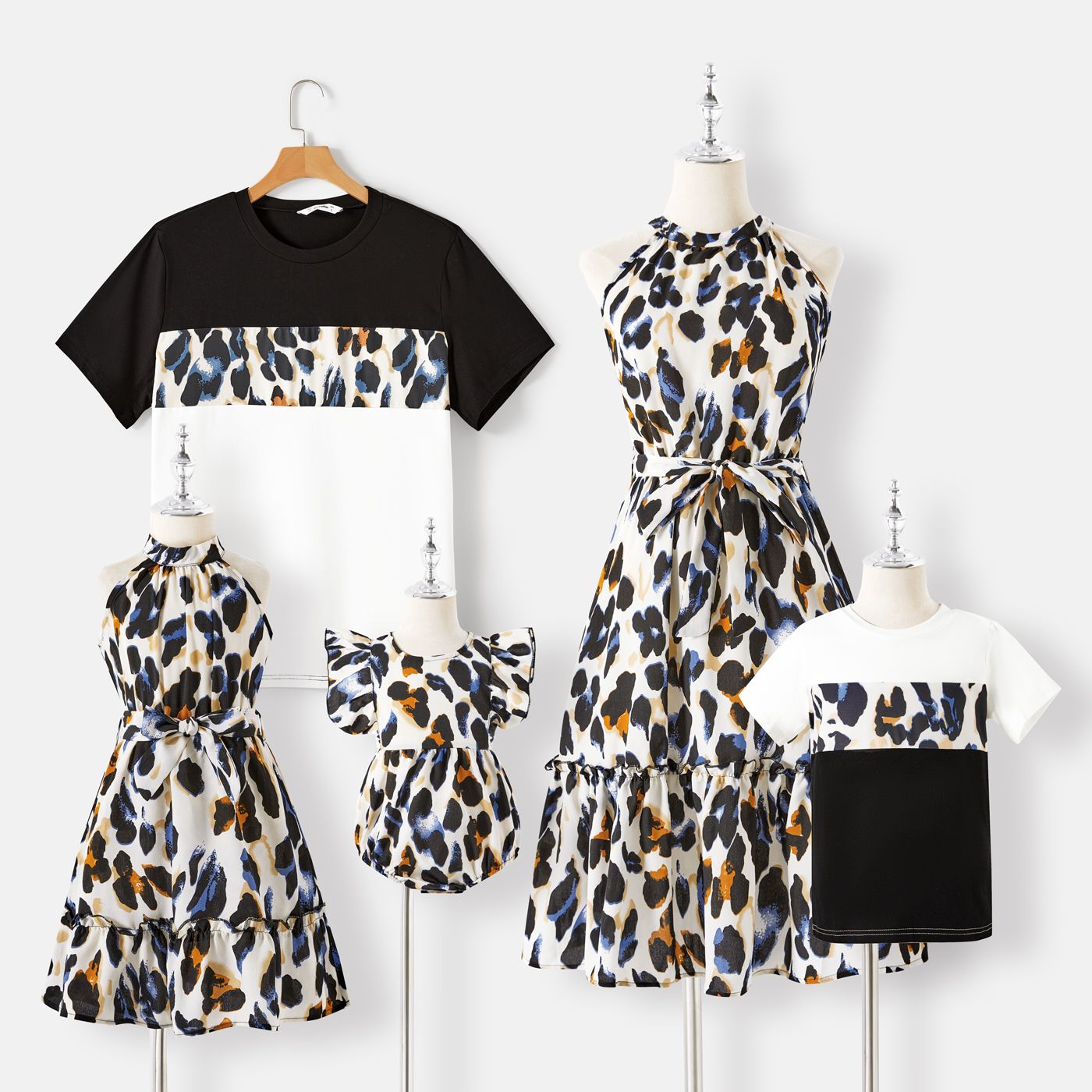 

Family Matching 100% Cotton Short-sleeve Colorblock Tee and Leopard Print Halter Belted Dresses Sets