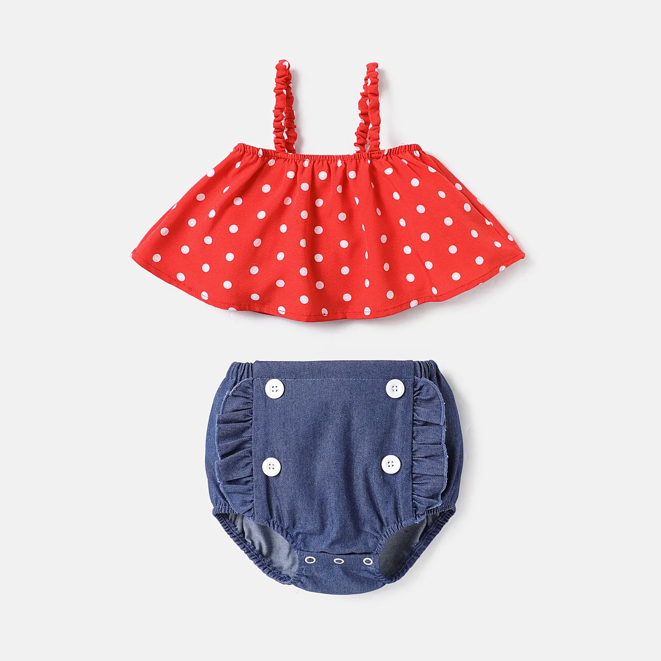 2pcs Baby Girl Polka Dots Print Cami Top and Ruffle Trim Shorts Set  big image 1