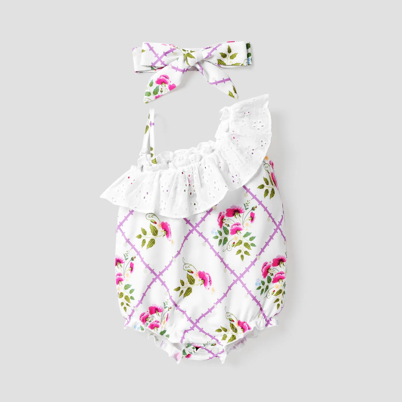 

2pcs Baby Girl Allover Floral Print Ruffled One Shoulder Cami Romper & Headband Set
