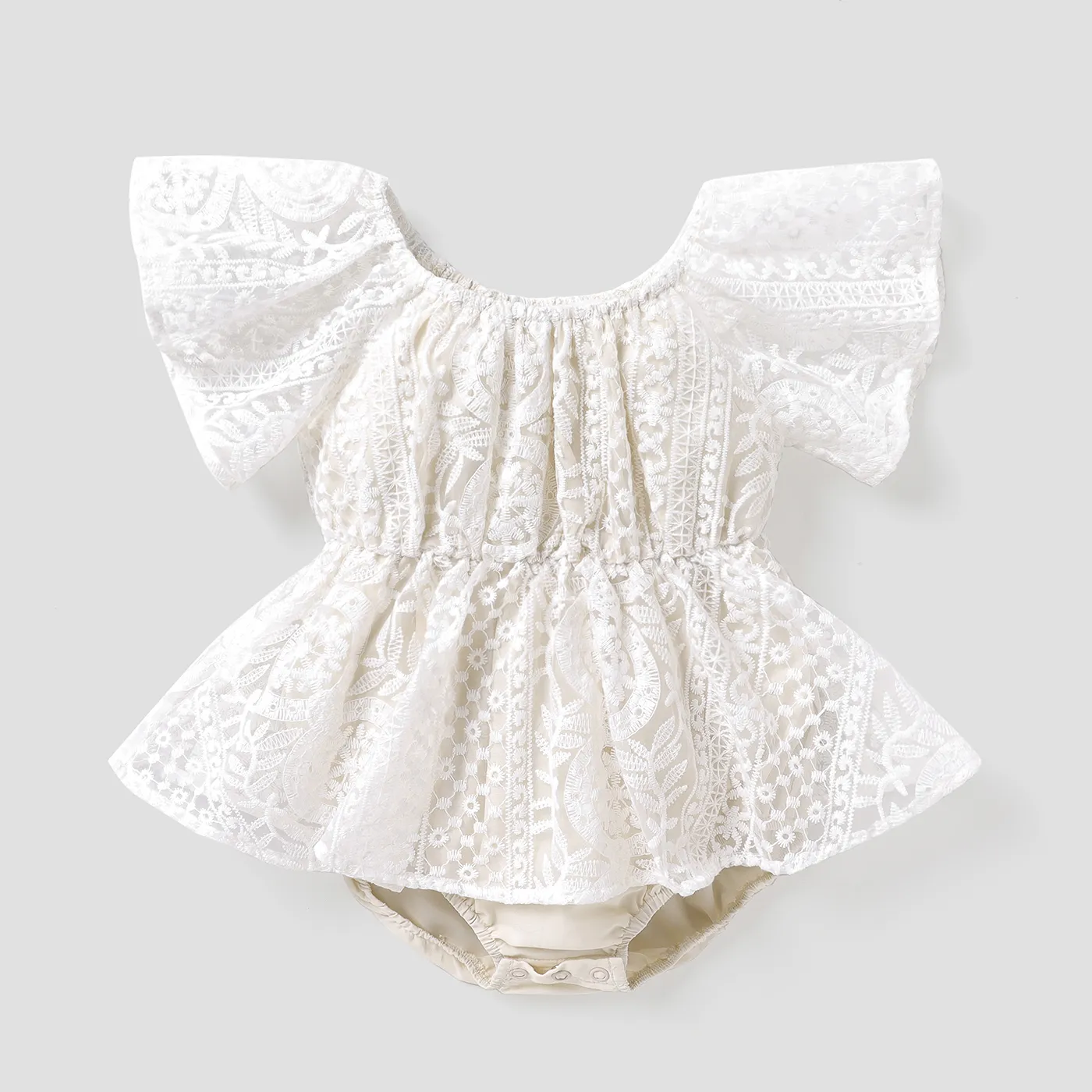 Baby Girl Solid Lace Flutter-sleeve Romper