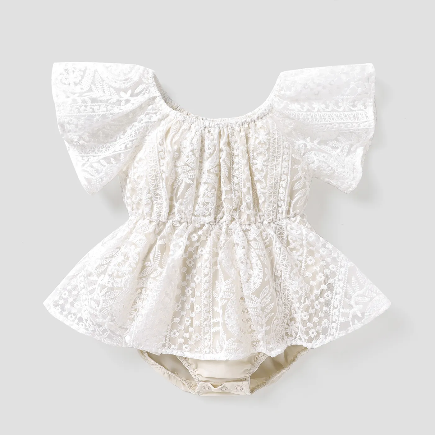 Baby Girl Solid Lace Flutter-sleeve Romper Apricot big image 1