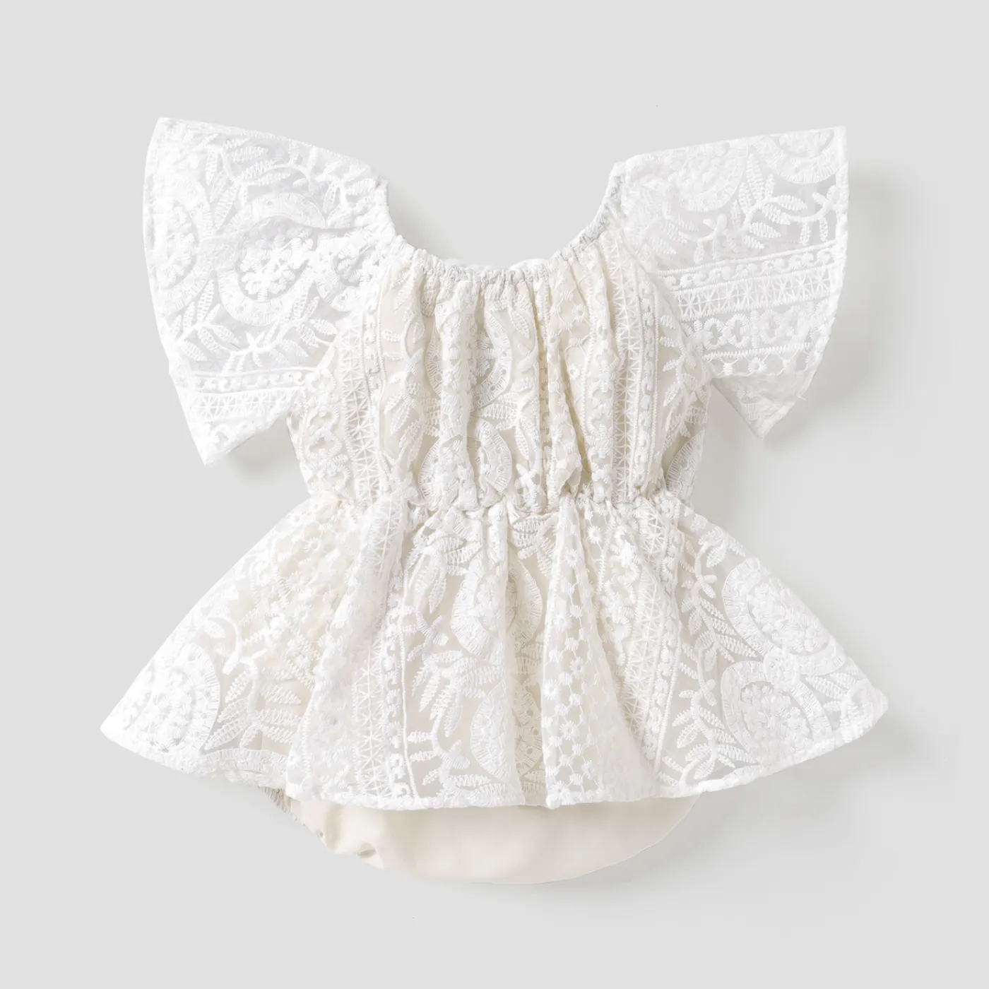 Baby Girl Solid Lace Flutter-sleeve Romper Apricot image 2
