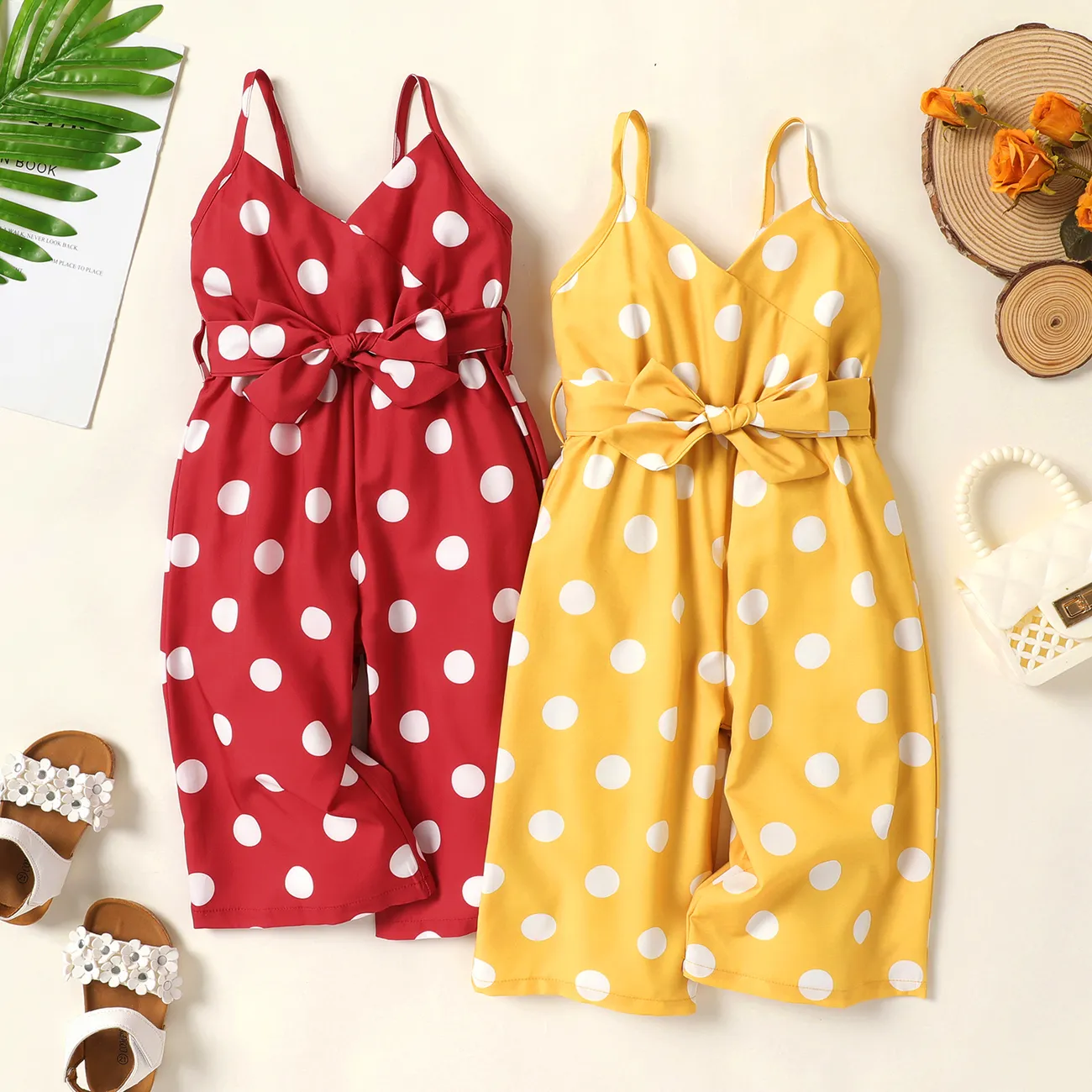 Baby Girl Allover Polka Dot Print Belted Cami Jumpsuit Yellow big image 1