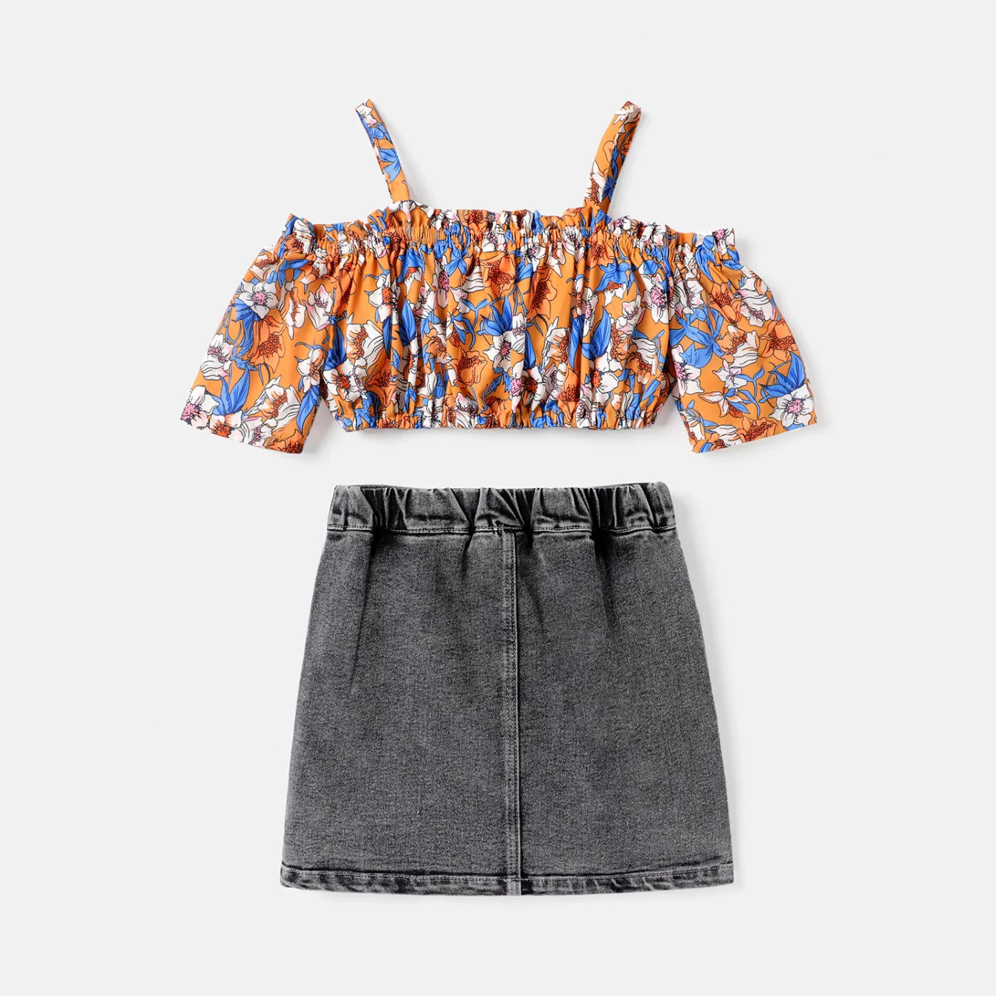 2Pcs Kid Girl Floral Print Cold Shoulder Camisole & Denim Skirt Set Ginger image 2