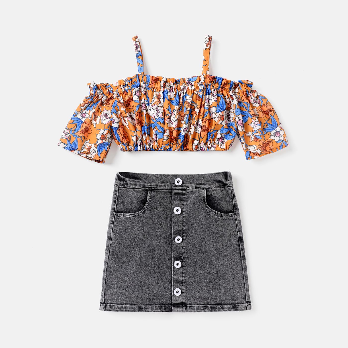 2Pcs Kid Girl Floral Print Cold Shoulder Camisole & Denim Skirt Set