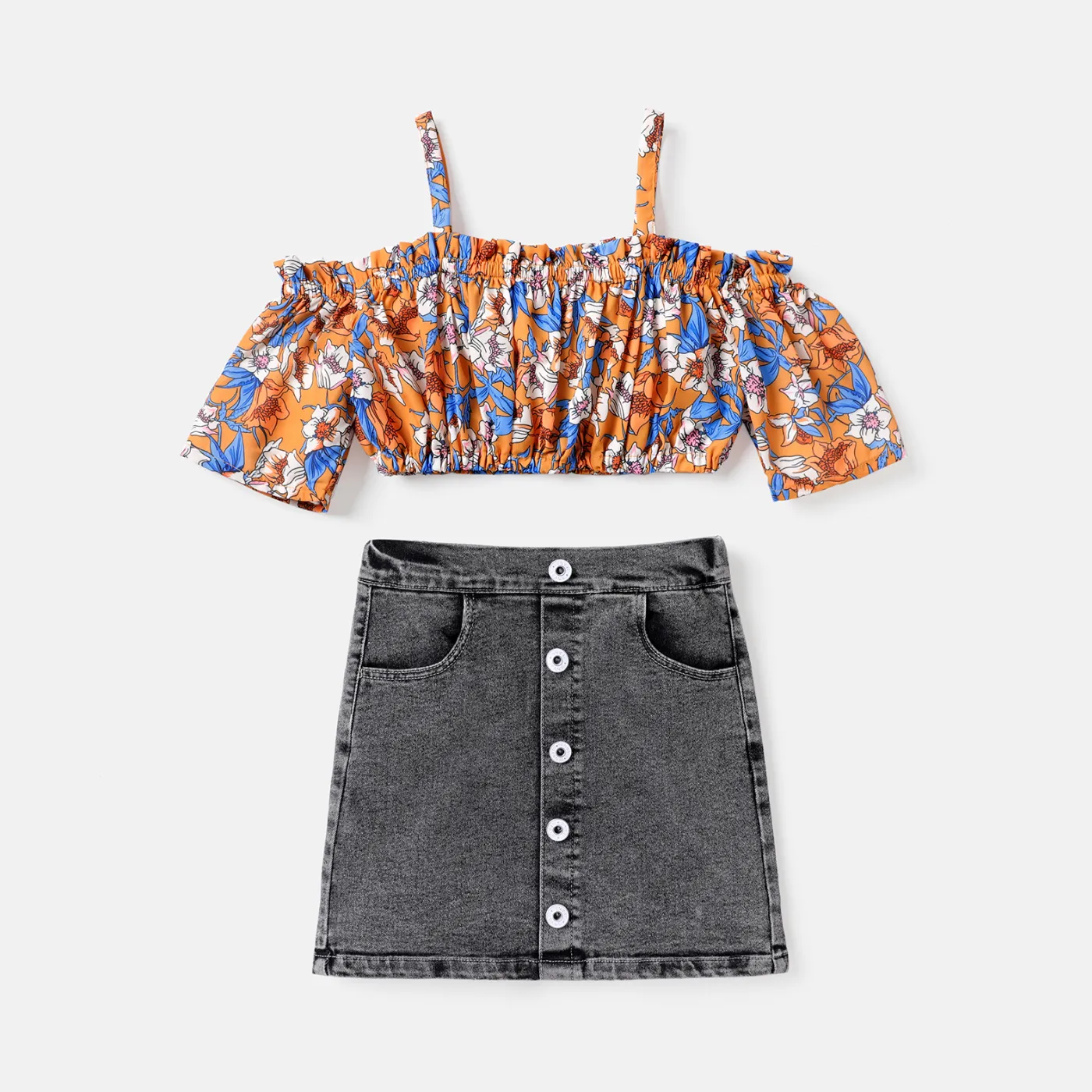 2Pcs Kid Girl Floral Print Cold Shoulder Camisole & Denim Skirt Set Ginger big image 1