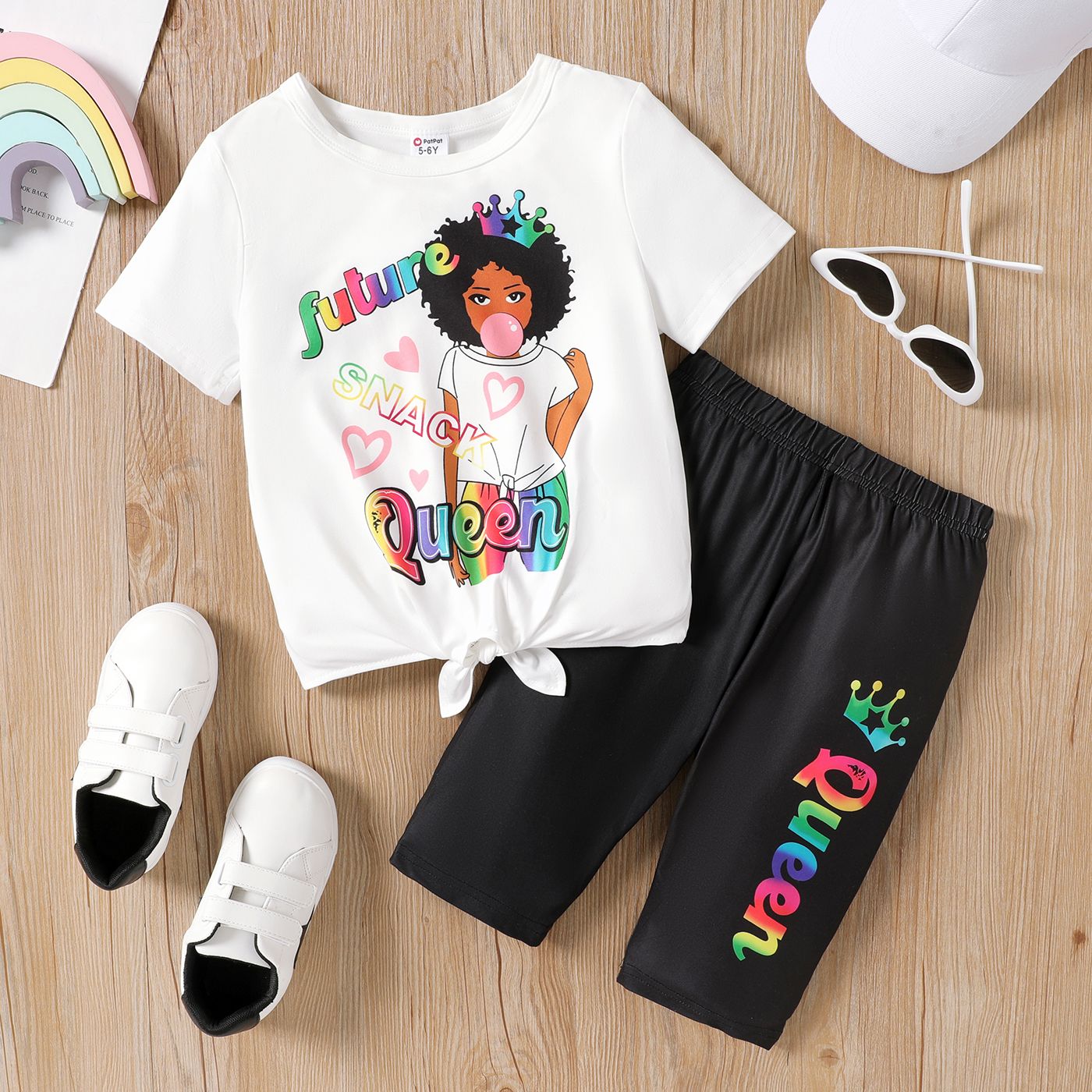 

2Pcs Kid Girl Figure Print Knot Front Short-sleeve Tee & Leggings Shorts Set