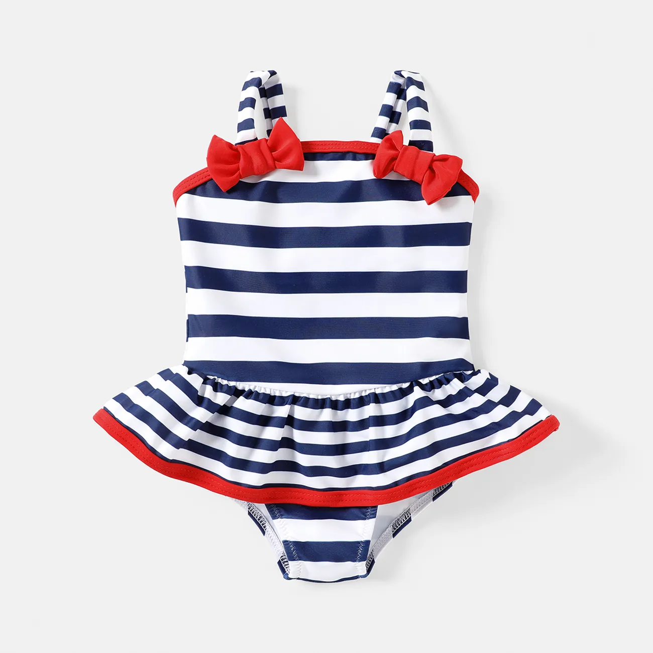 Baby Girl Contrast Bow Front Striped One-Piece Swimsuit  big image 1