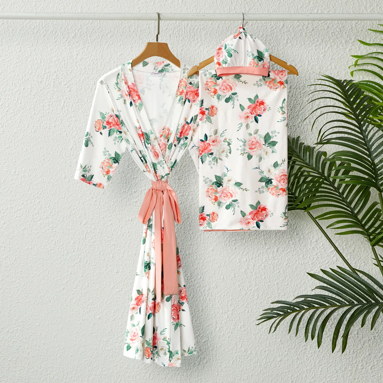 Mommy and Me Allover Floral Print Half-sleeve Belted Robe and Swaddle Blanket Sets
