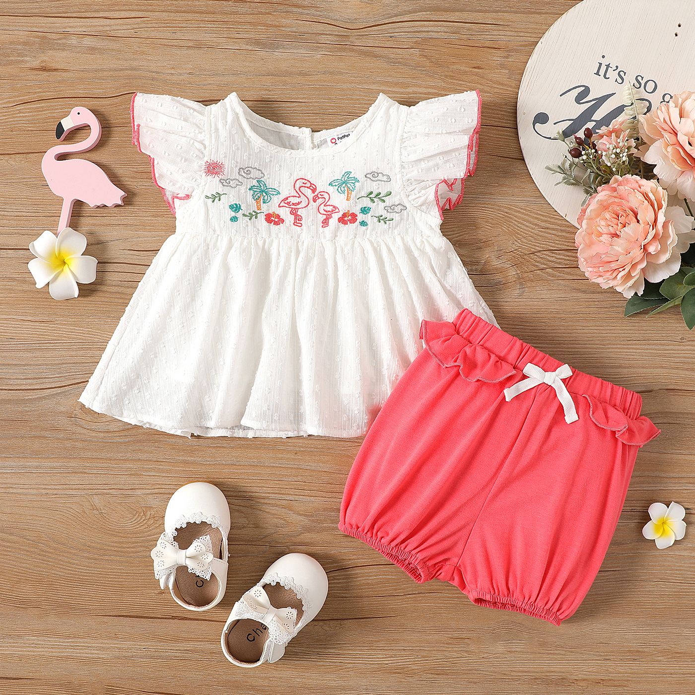 

2pcs Baby Girl 100% Cotton Embroidered Flutter-sleeve Top and Ruffled Shorts Set