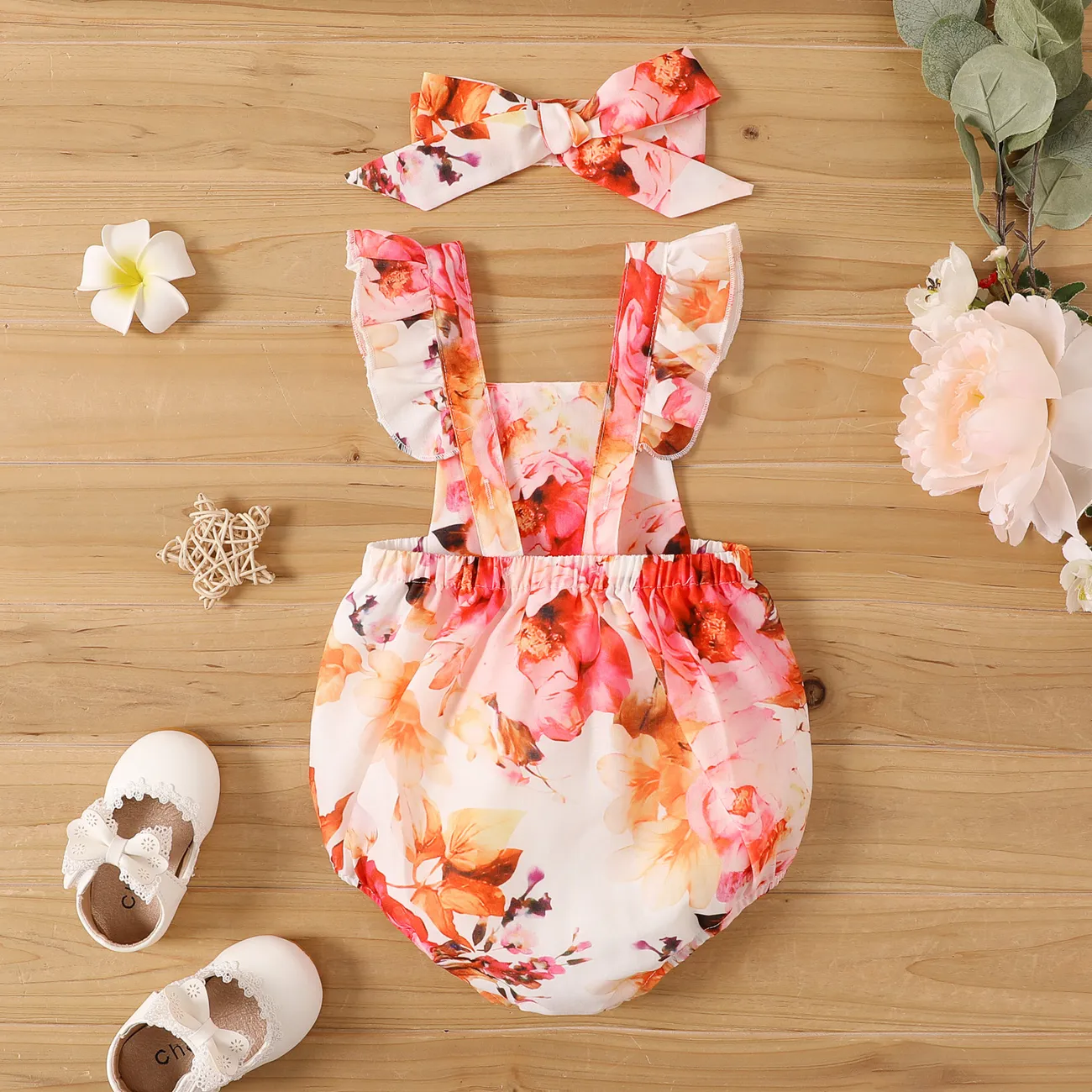 2pcs Baby Girl Allover Floral Print Ruffle Trim Sleeveless Romper & Headband Set Colorful big image 1
