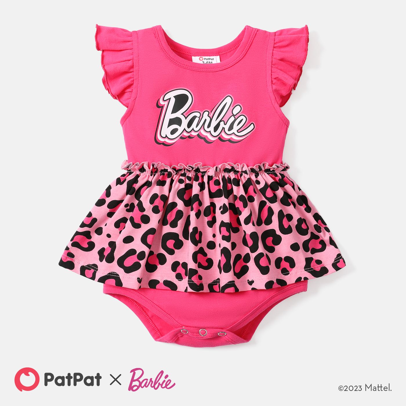 

Barbie Baby Girl Cotton Flutter-sleeve Letter Graphic Leopard Print Spliced Romper