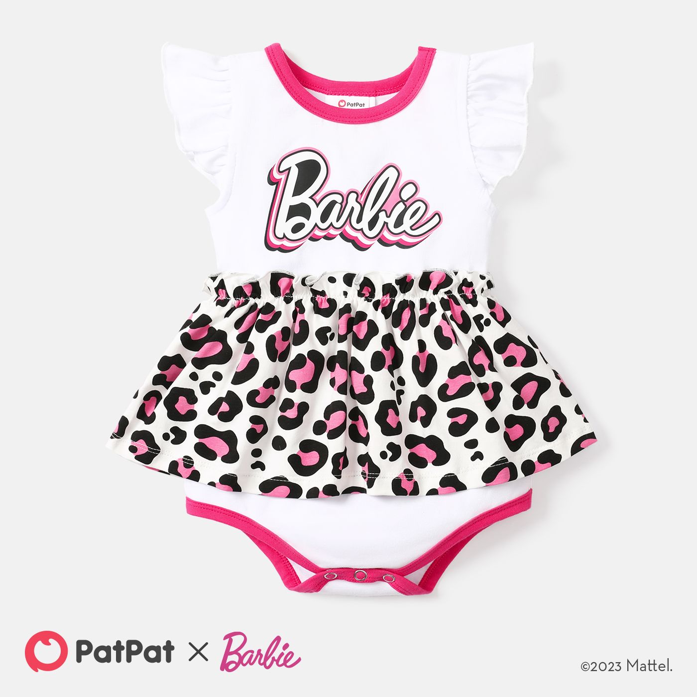 

Barbie Baby Girl Cotton Flutter-sleeve Letter Graphic Leopard Print Spliced Romper