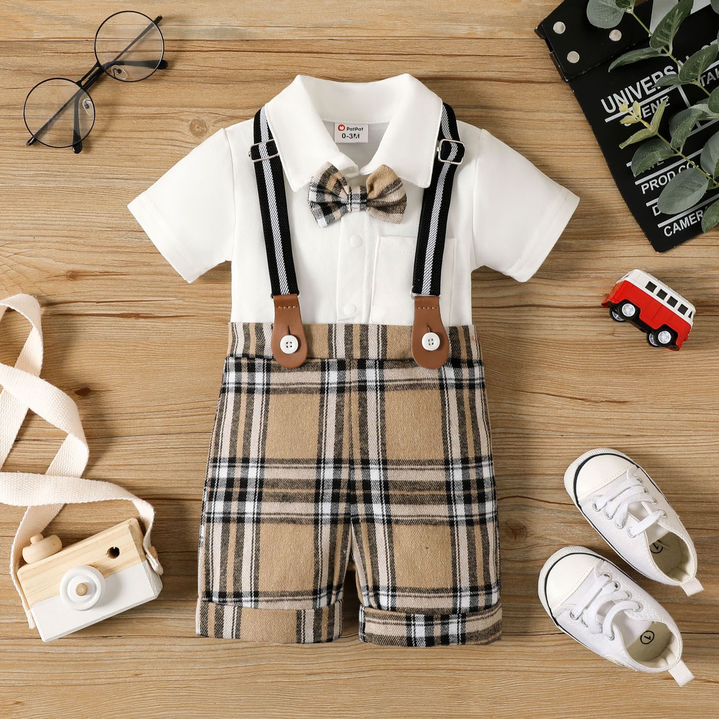 

Baby Boy Bow Tie Decor Short-sleeve Faux-two Plaid Romper