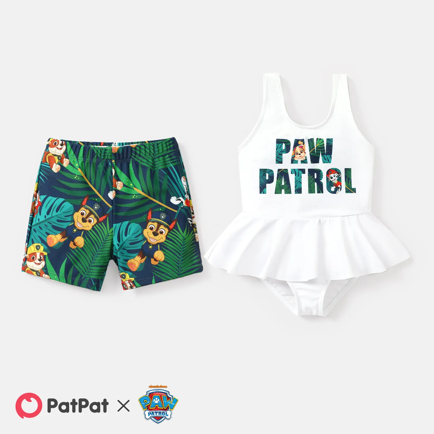 PAW Patrol Sibling Matching Letter Graphic Ruffle Trim One-Piece Swimsuit and Allover Plant Print Swim Trunks