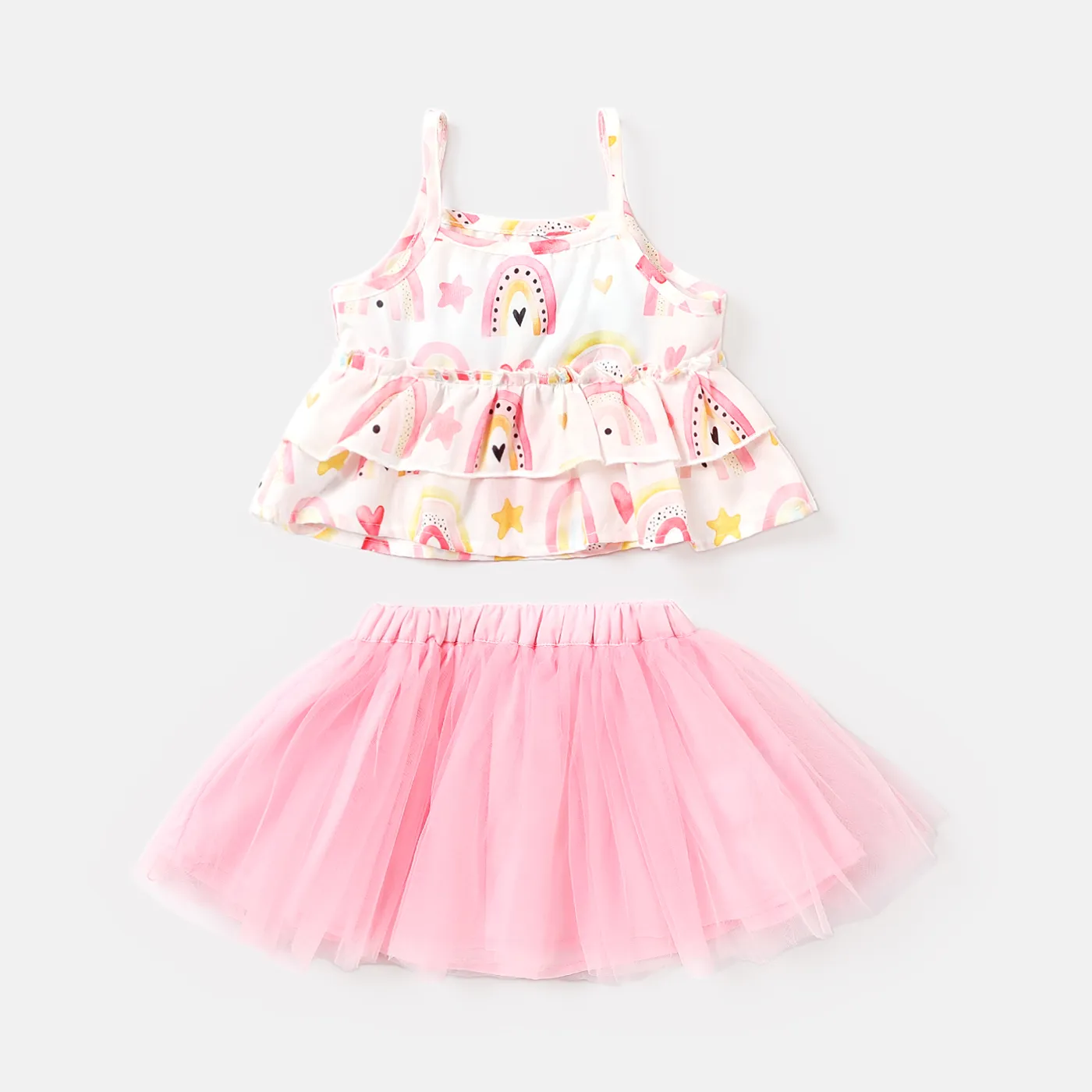 2pcs Baby Girl Allover Rainbow Print Layered Ruffled Cami Top and Mesh Tutu Skirt Set Pink big image 1