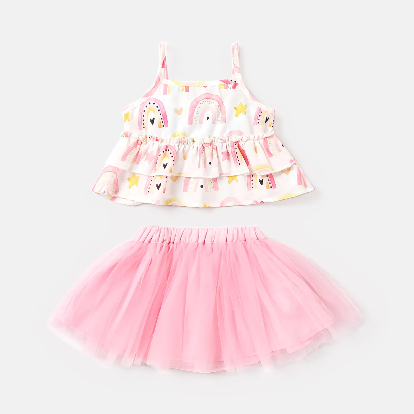 2pcs Baby Girl Allover Rainbow Print Layered Ruffled Cami Top and Mesh Tutu Skirt Set Pink image 2