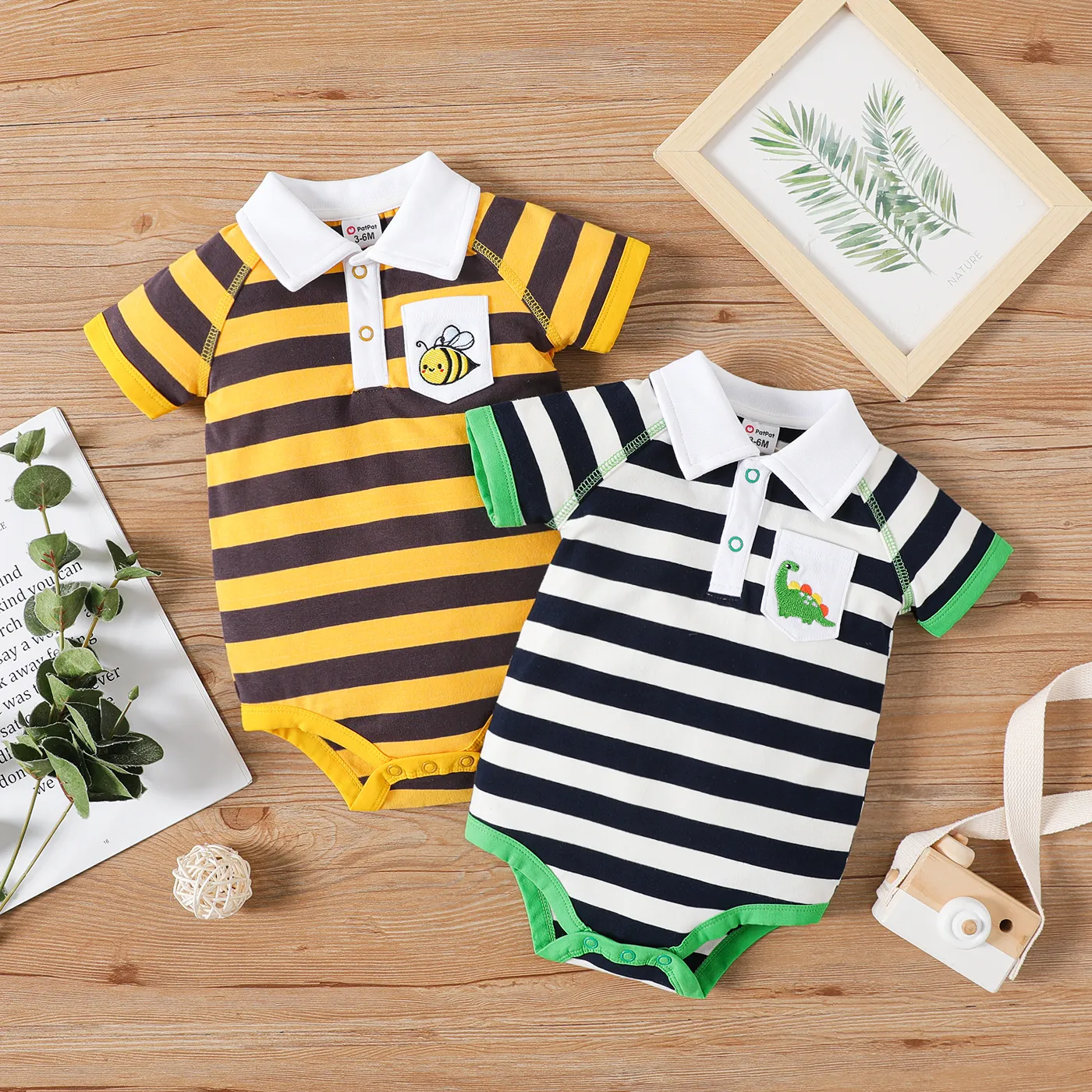 Baby Boy 95% Cotton Stripe Polo Collar Animal Embroidered Short-sleeve Romper TenderYellow image 6
