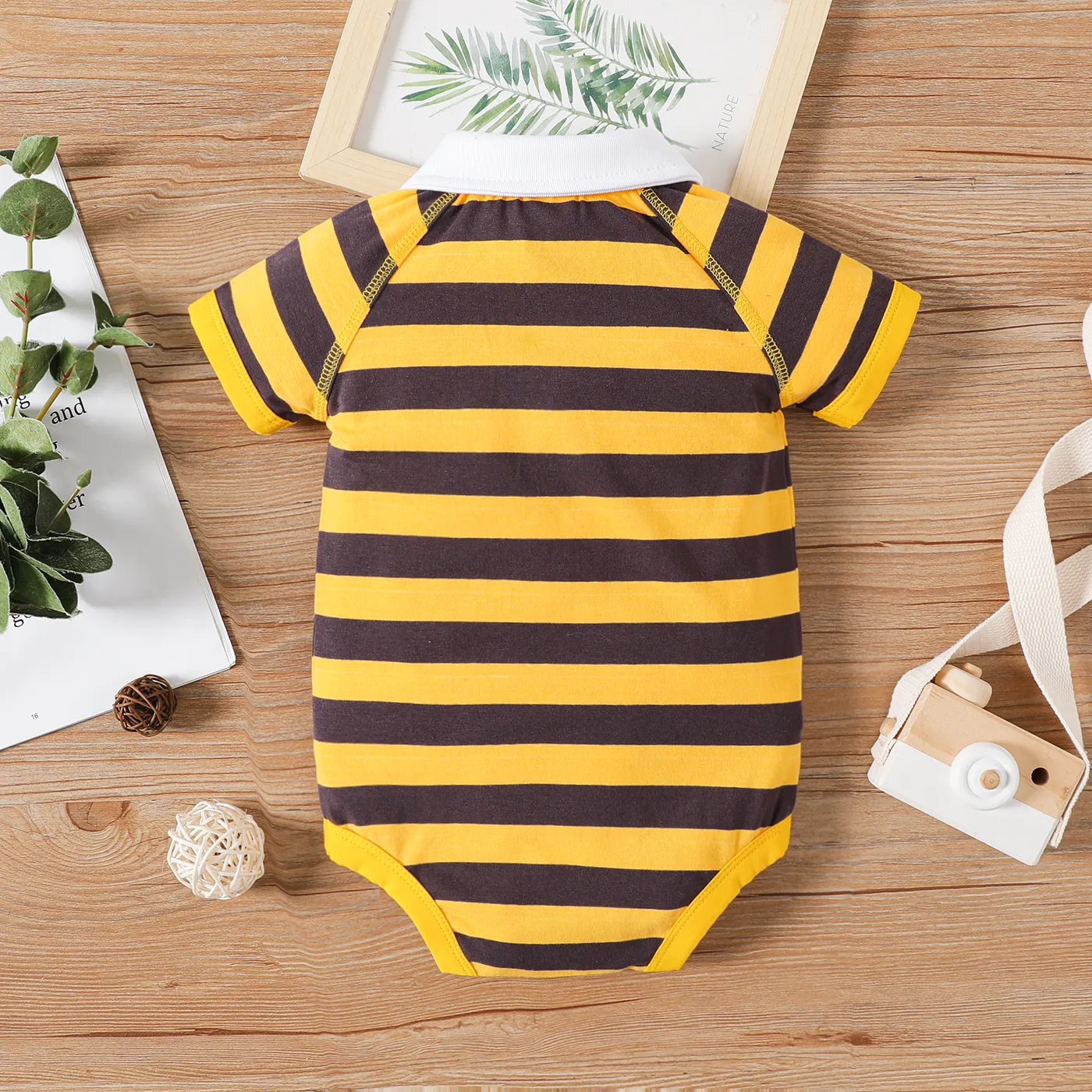 Baby Boy 95% Cotton Stripe Polo Collar Animal Embroidered Short-sleeve Romper TenderYellow image 2