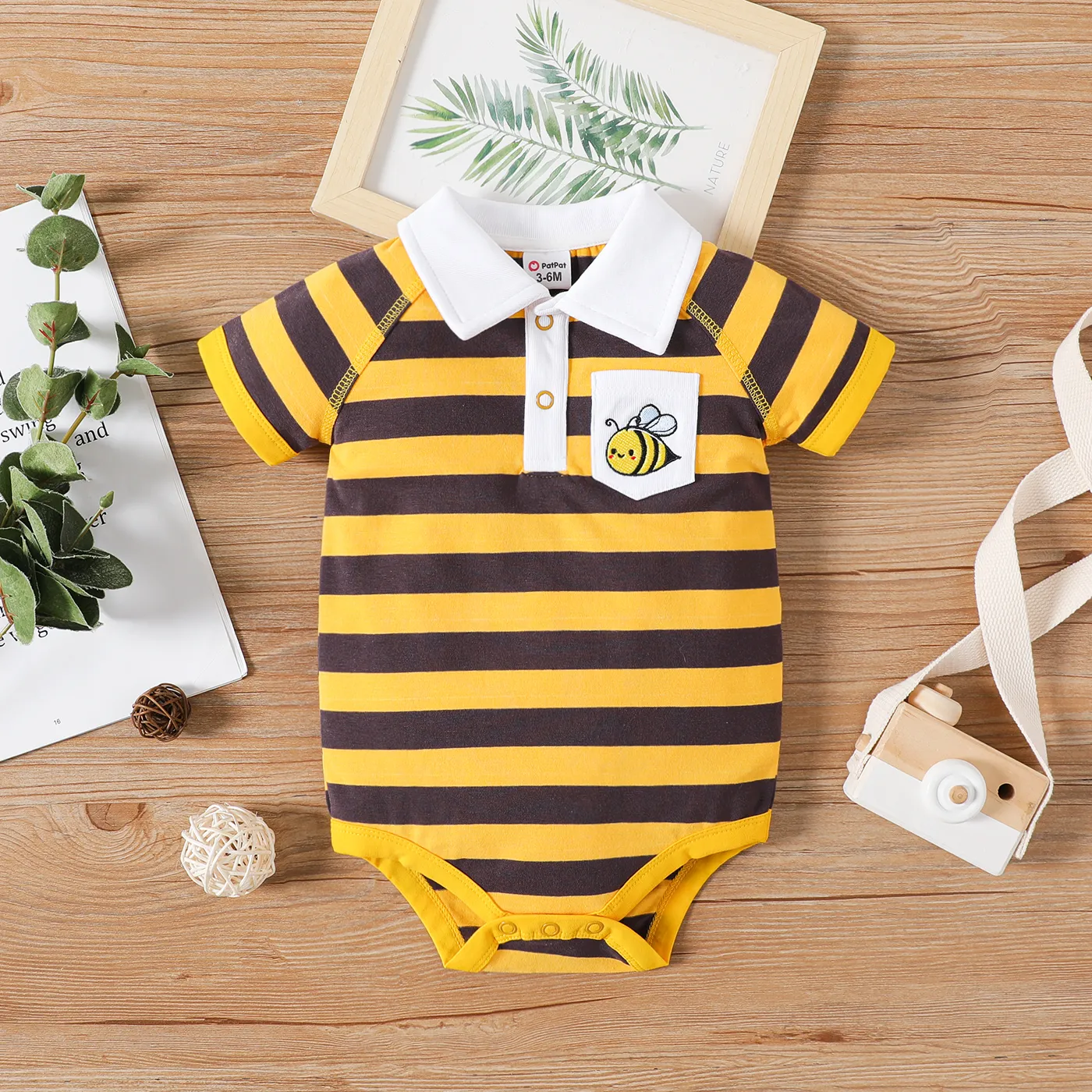 Baby Boy 95% Cotton Stripe Polo Collar Animal Embroidered Short-sleeve Romper TenderYellow big image 1